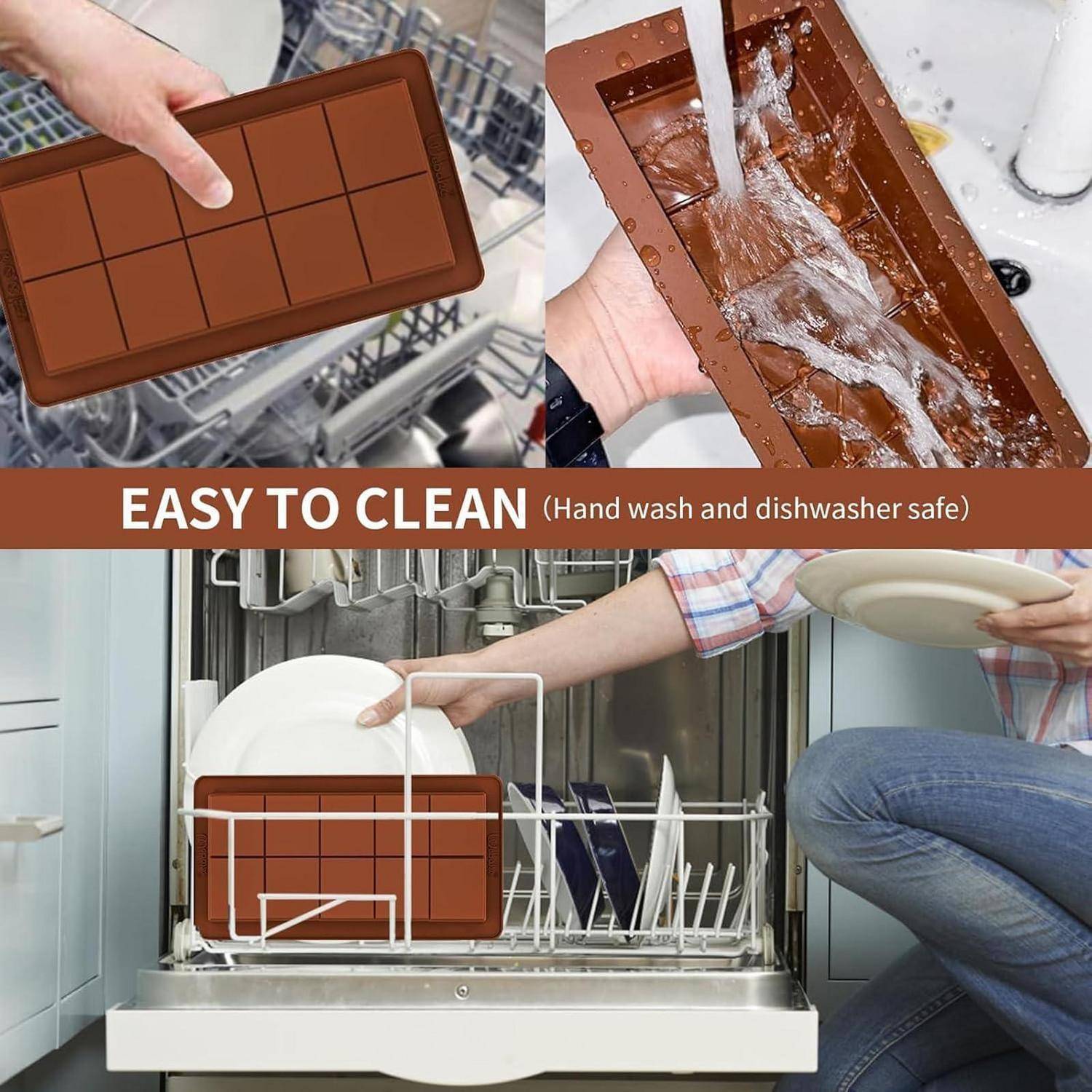 Collage mit einem schokoladenriegelförmigen Spülmittelspender, der von Hand gewaschen und in der Spülmaschine gereinigt wird, mit dem Text: „LEICHT ZU REINIGEN (Handwäsche und spülmaschinenfest)