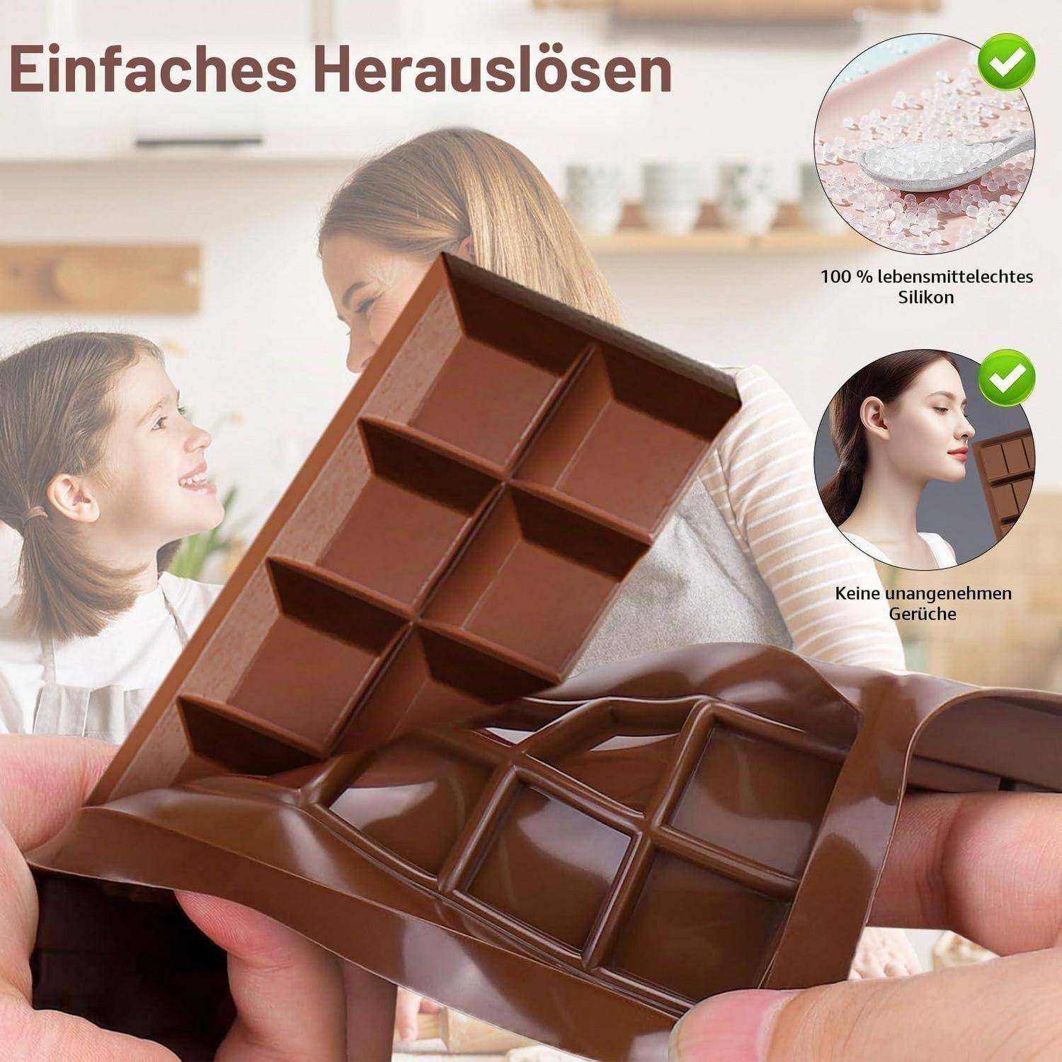 Braune Silikonschokoladenform wird gebogen, um geformte Stücke freizusetzen; deutscher Text hebt die einfache Freisetzung, lebensmittelsicheres Silikon und keinen unangenehmen Geruch hervor.