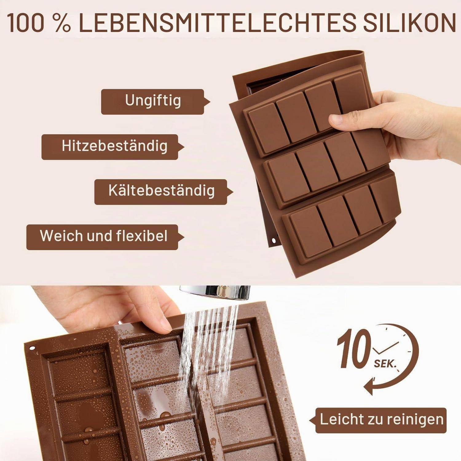 Braune Silikon-Schokoladenform, von einer Hand gehalten, mit der Aufschrift „100 % lebensmittelechtes Silikon