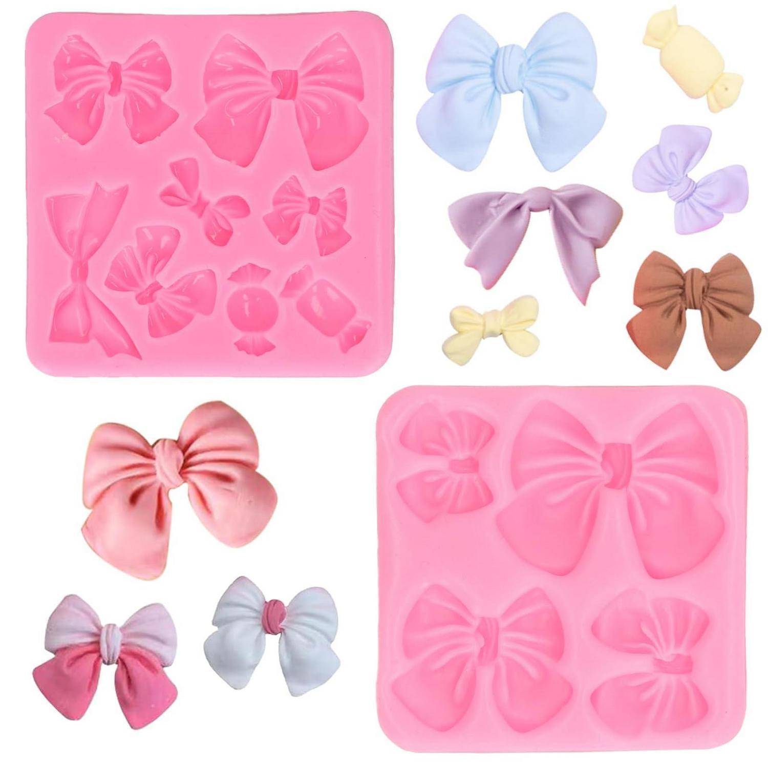 Collage aus Silikon-Schleifenformen und fertigen Schleifen in Rosa, Blau, Lavendel, Gelb und Braun.