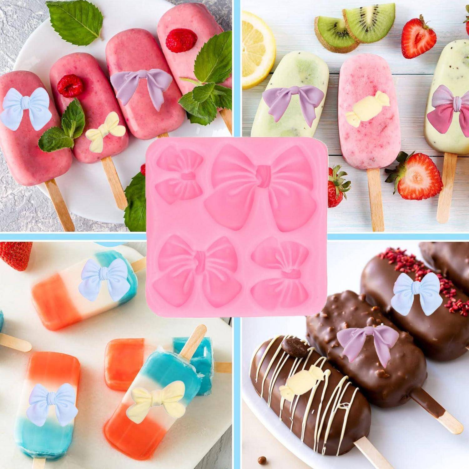 Collage aus Pastell-Eislollies und schokoladenüberzogenen Eiscreme-Stäbchen, verziert mit schmetterlingsförmigen Schleifen, mit einer rosa Silikonform in der Mitte.