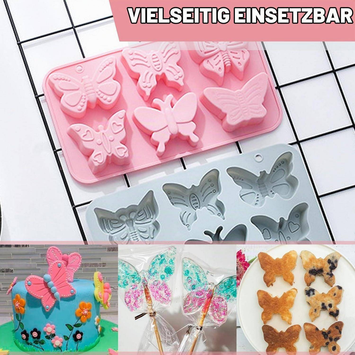 Schmetterlingsförmige Silikonformen in Rosa und Grau mit Beispielen von dekorierten Kuchen, Lollipops und Keksen, die aus der Form hergestellt wurden.
