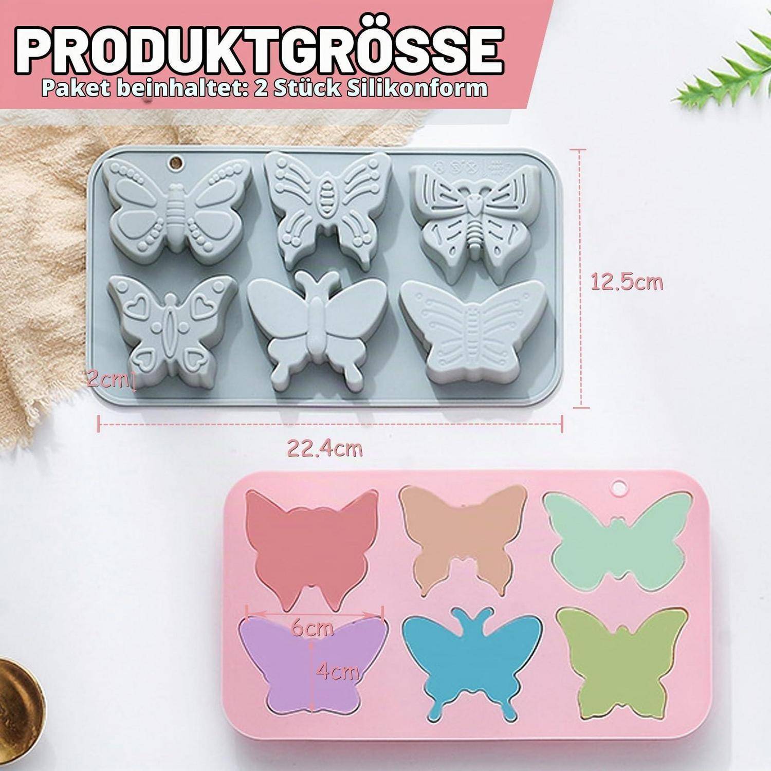 Produktgrößengrafik für 2 Silikon-Schmetterlingsformen, die sechs Schmetterlingsformen in zwei Tabletts mit den Abmessungen 22,4 cm x 12,5 cm und 6 cm x 4 cm zeigt.