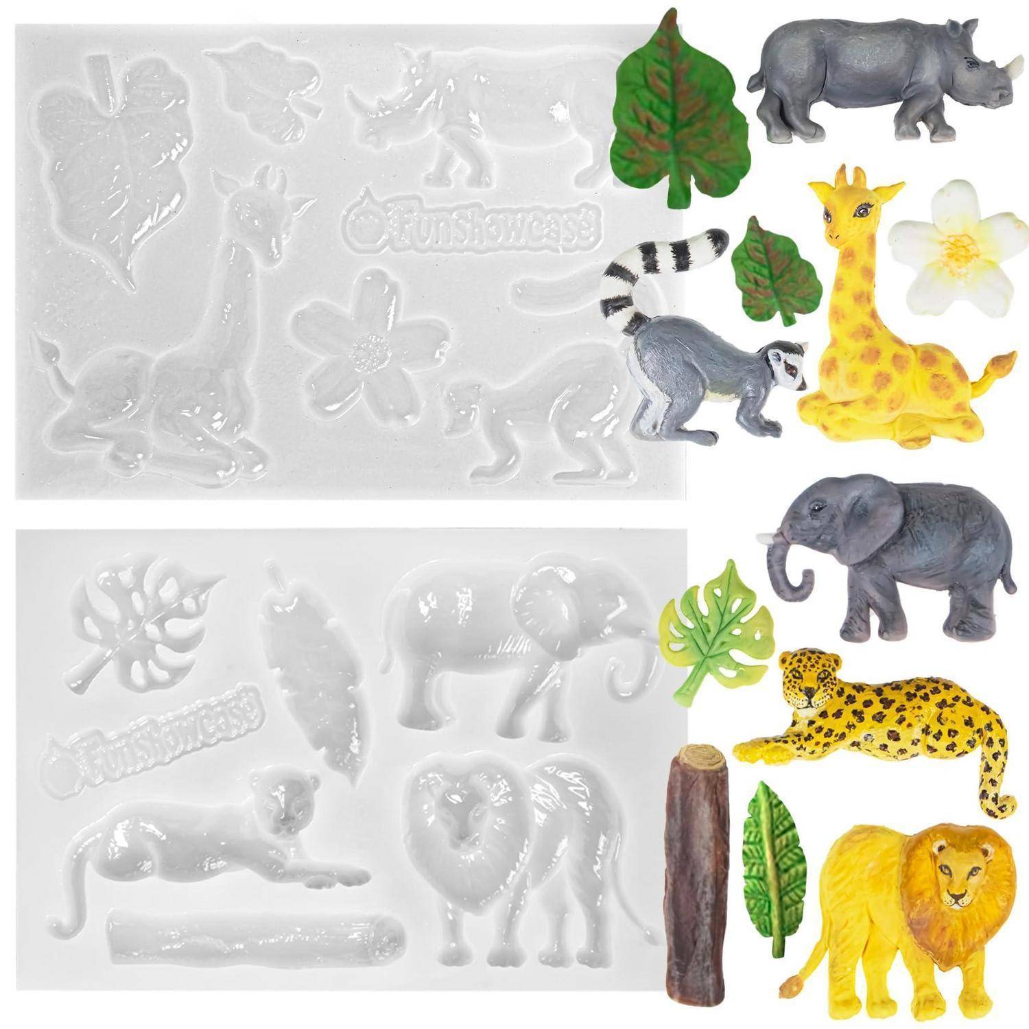 Zwei transparente Silikon-Formblätter mit Tier- und Blattformen, daneben fertiggestellte bunte Stücke: Nashorn, Giraffe, Elefant, Leopard, Löwe, Affe, Blumen und Blätter.