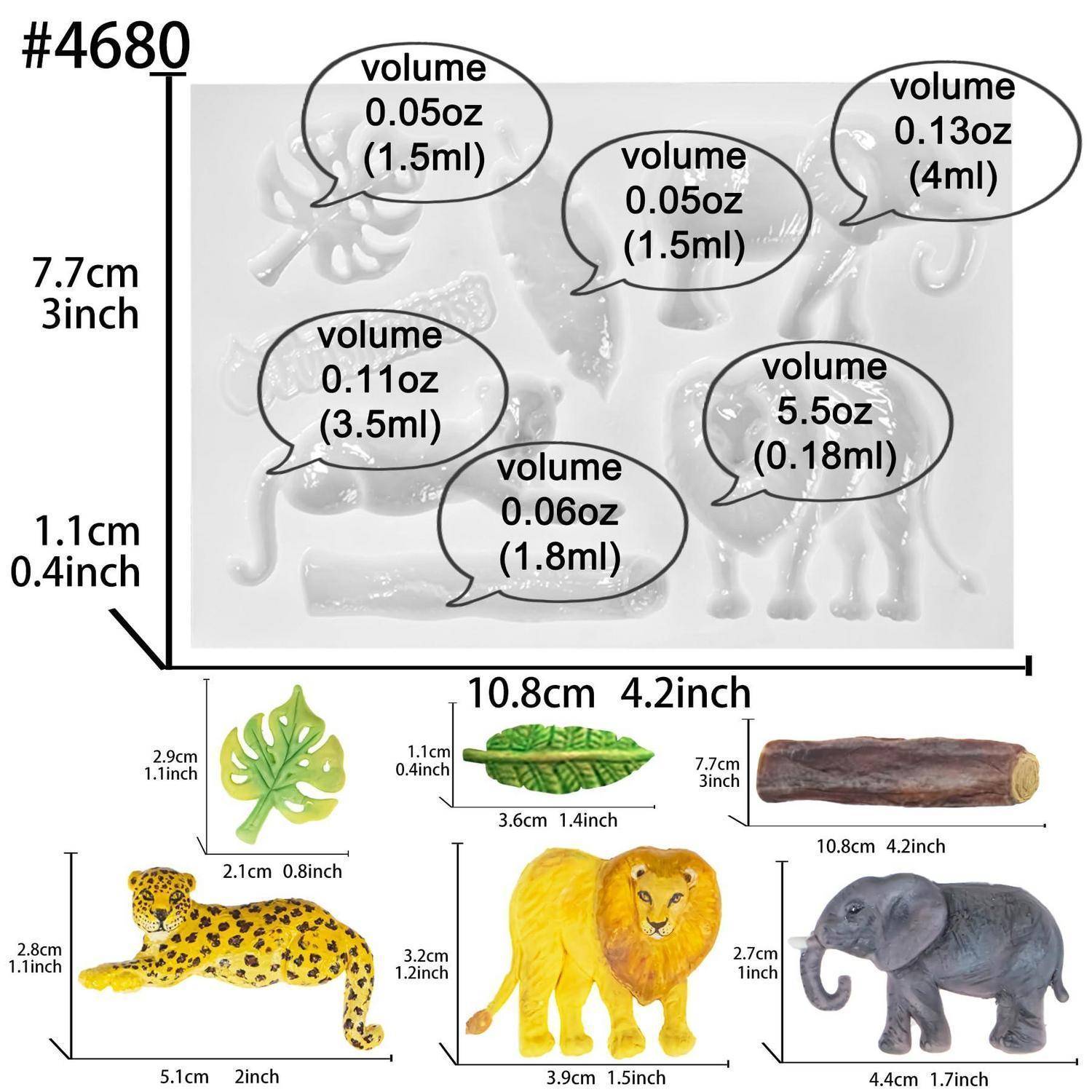 Messskala mit sechs Tierfiguren mit gekennzeichneten Volumen und Abmessungen in cm und Zoll, einschließlich eines Löwen, Elefanten, Leoparden, Blättern und eines Baumstamms.