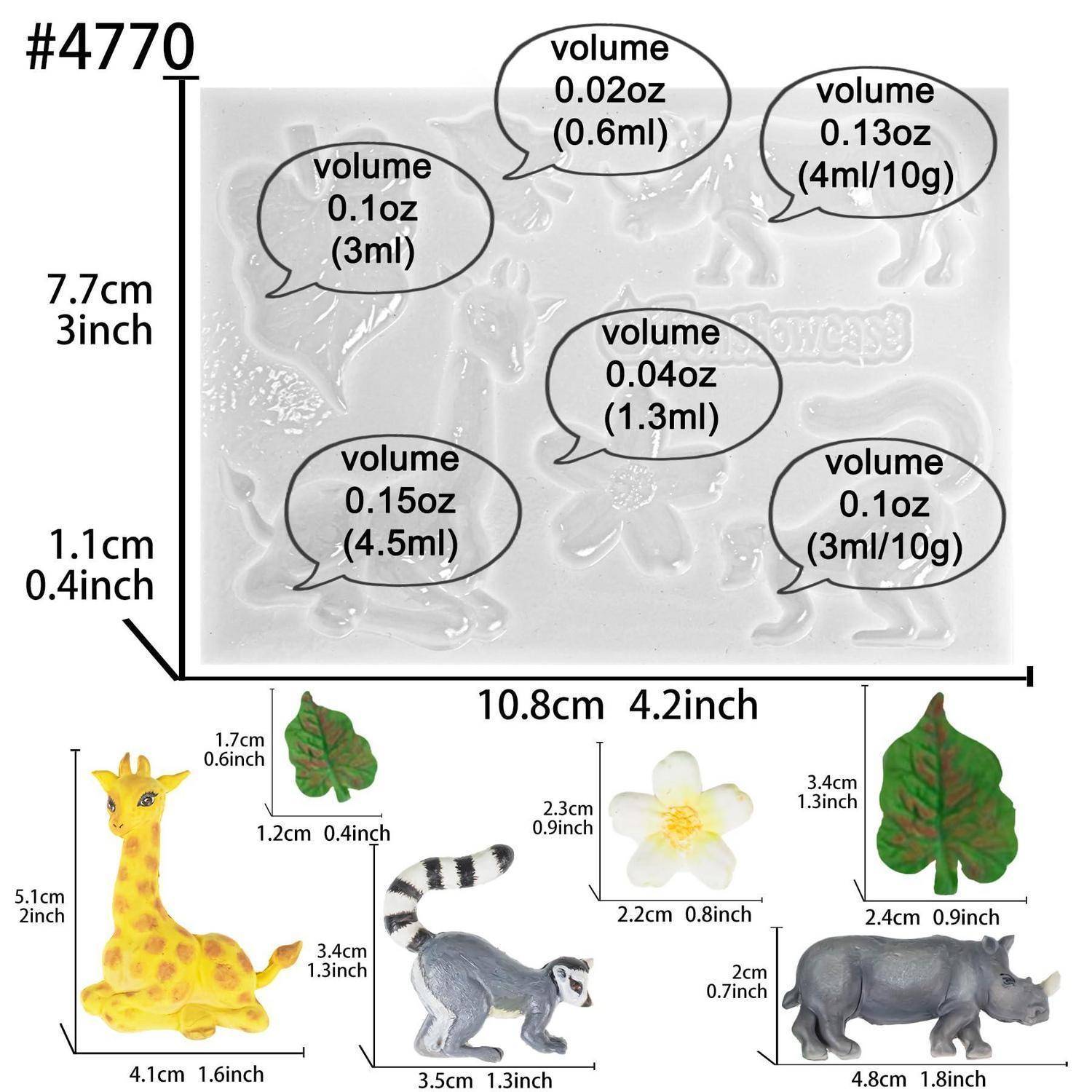 Diagramm mit sechs gemessenen Formen in einem Bereich von 10,8 cm mal 7,7 cm, mit Volumenbezeichnungen von 0,02 oz bis 0,15 oz und Größenreferenzen für Tiere/Blätter unten.