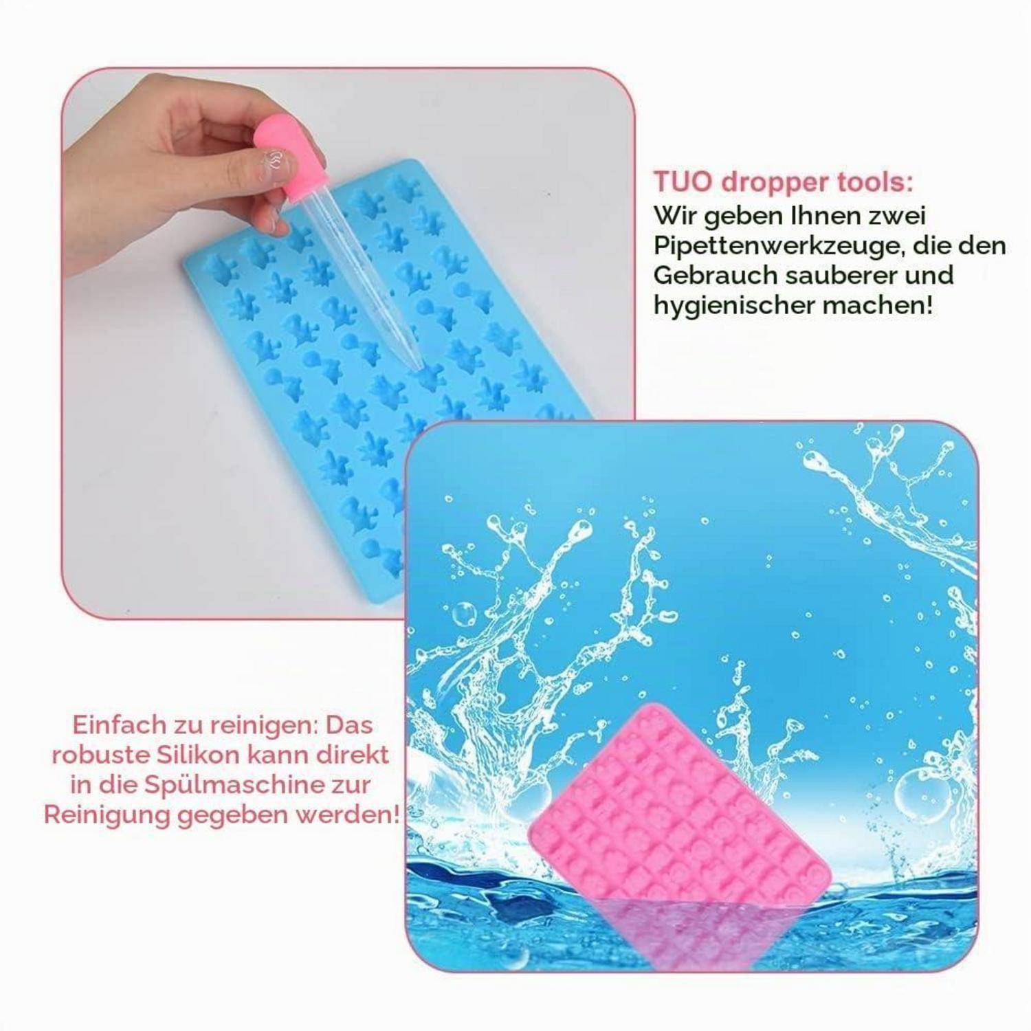 Werbebild eines rosafarbenen Silikonaufziehers, das die Verwendung und einfache Reinigung zeigt; deutscher Text besagt, dass zwei Pipettenwerkzeuge die Verwendung hygienischer machen und spülmaschinenfest sind.