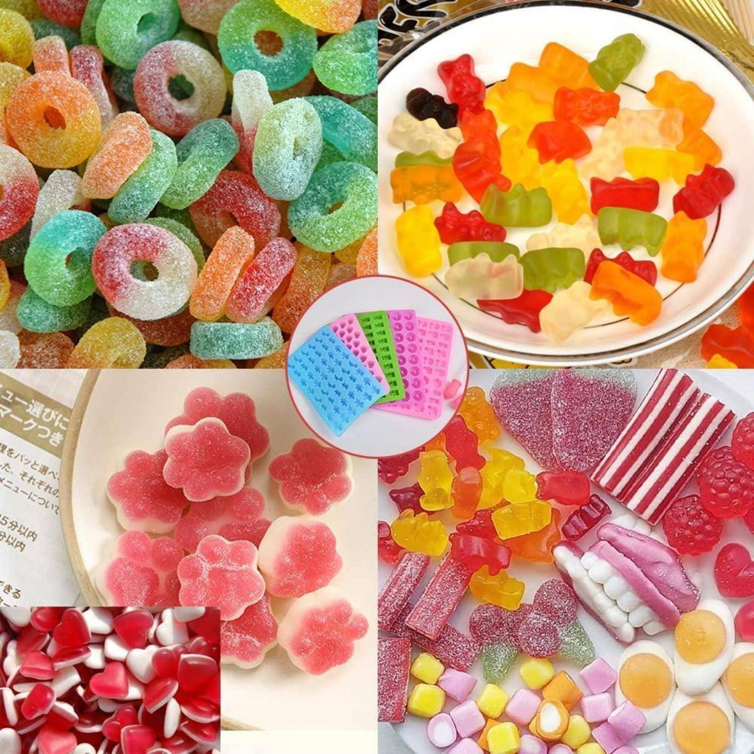 Eine Collage aus assorted farbenfrohen Gummibonbons und zuckerbeschichteten Süßigkeiten, darunter Ringe, Bären, Blüten, Scheiben und gestreifte Stücke auf Tellern und detaillierten Hintergründen.