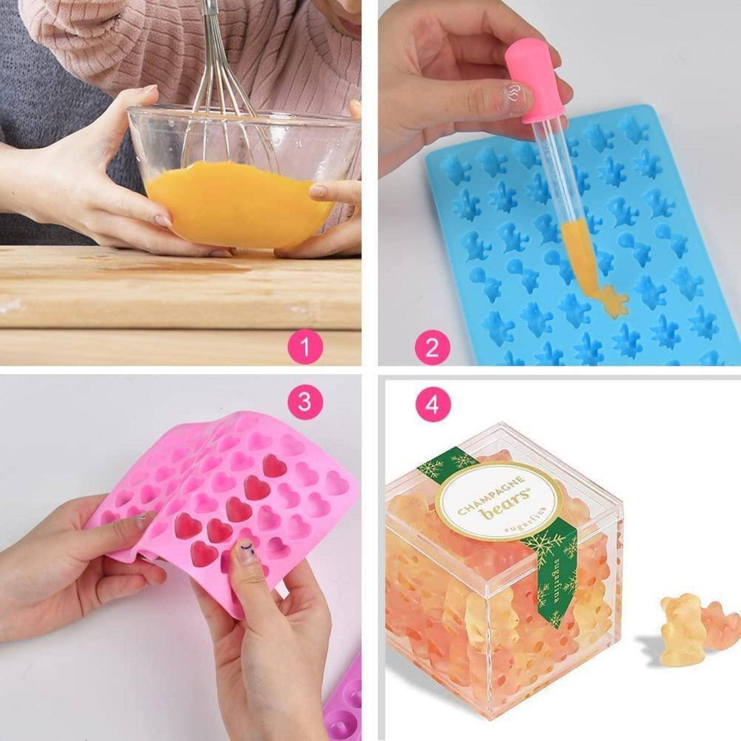 Vierteiliges Bild: Mischen einer orangefarbenen Mischung, Füllen von blauen und rosa Silikonformen, und fertige Gummibärchen in einer durchsichtigen Box mit der Aufschrift „Champagne Bears