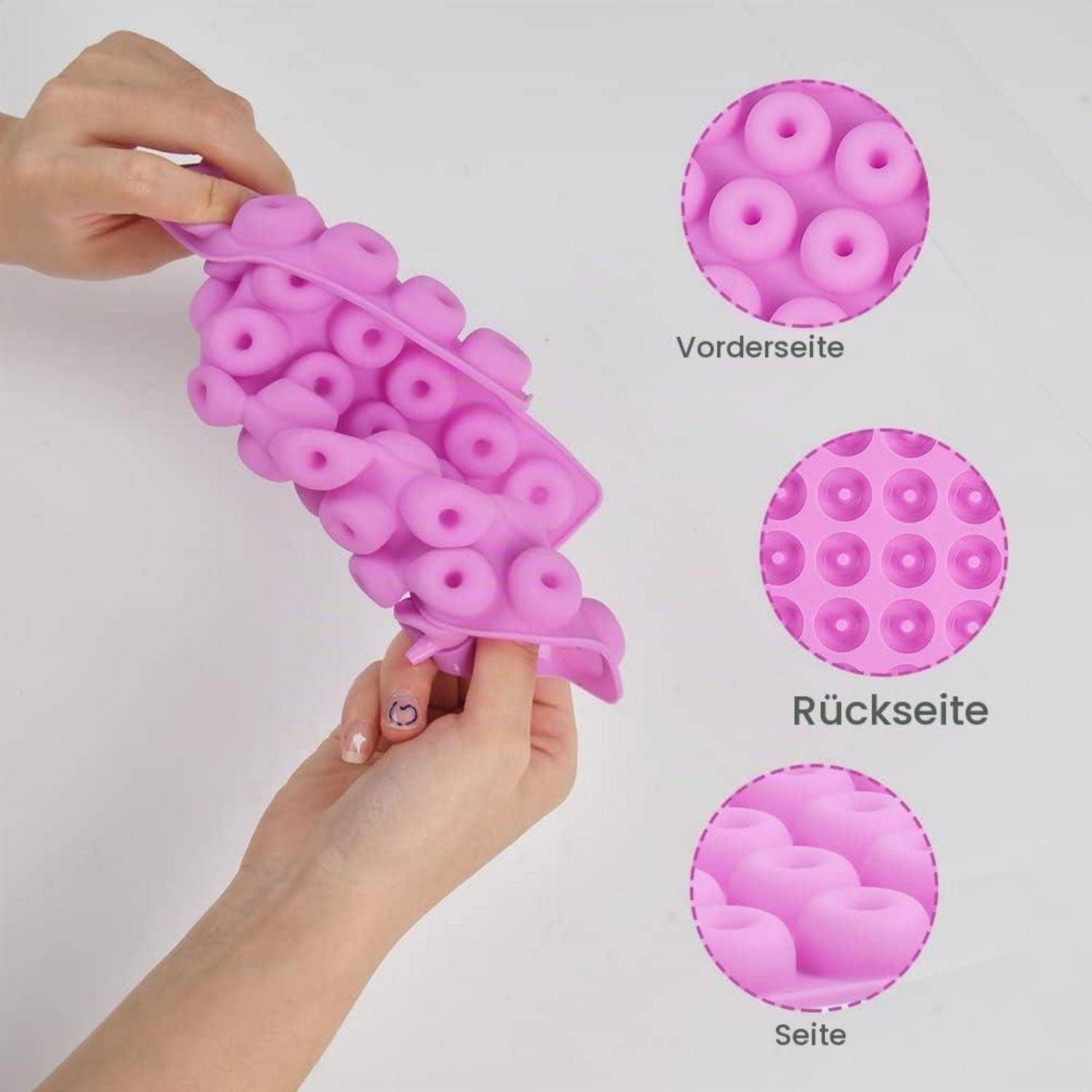 Hände, die ein rosa Saugnapf-Fidget-Spielzeug dehnen, mit kreisförmigen Nahaufnahmen mit den Bezeichnungen „Vorderseite