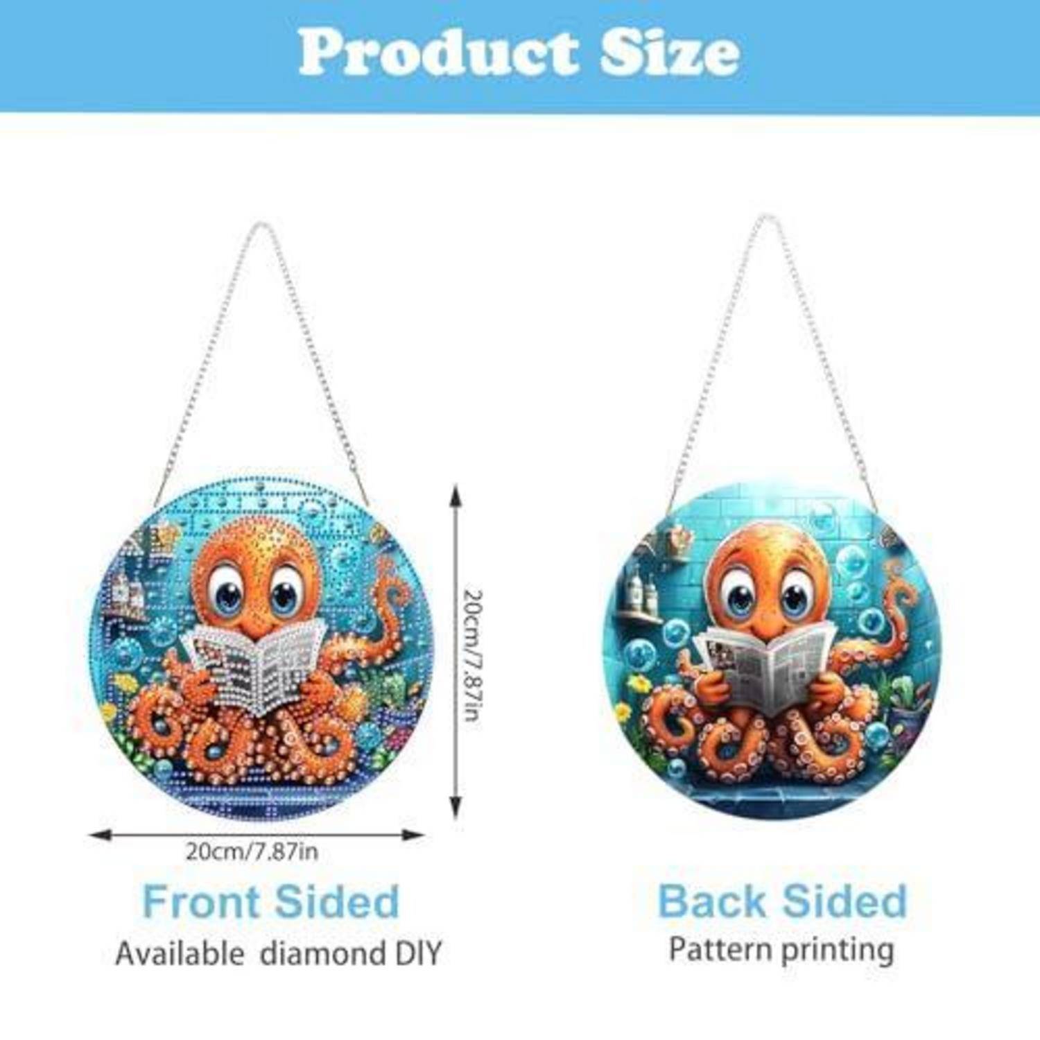 Vergleich der Produktgröße mit einer runden Hängdekoration, 20 cm/7,87 Zoll breit und hoch, mit Beispielen für Musterdruck auf der Vorderseite und Rückseite.