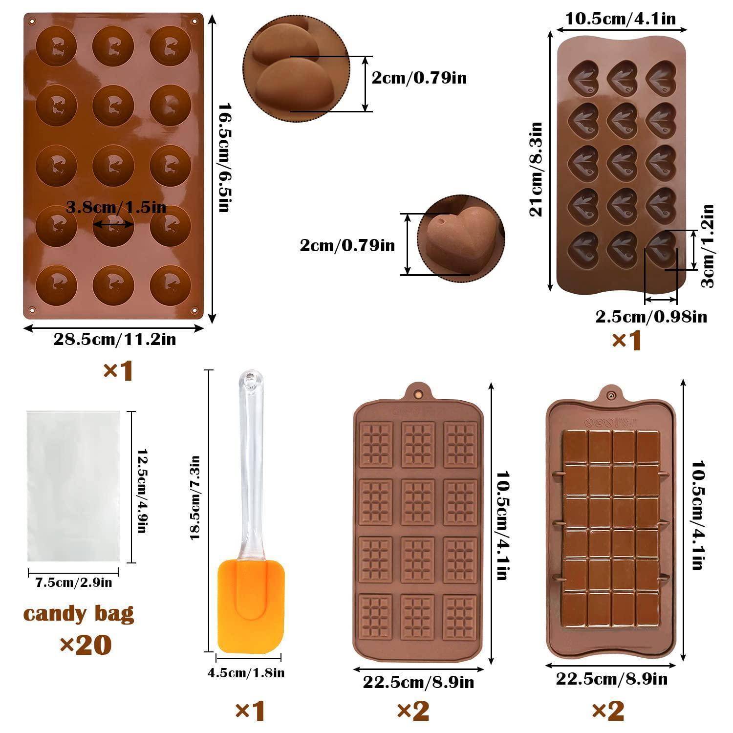 Silikonform-Set für Schokolade mit verschiedenen Hohlraum-Formen und -Größen, plus Süßigkeitenbeutel und Spatel; enthält Dimensionsbezeichnungen für jedes Teil.