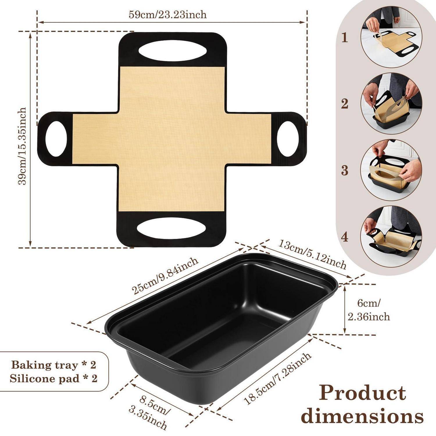 Produktabmessungsdiagramm zeigt ein zusammenklappbares Silikonbackblech mit Unterlag, mit den Maßen 59 cm x 39 cm flach und 25 cm x 18,5 cm x 6 cm zusammengeklappt.