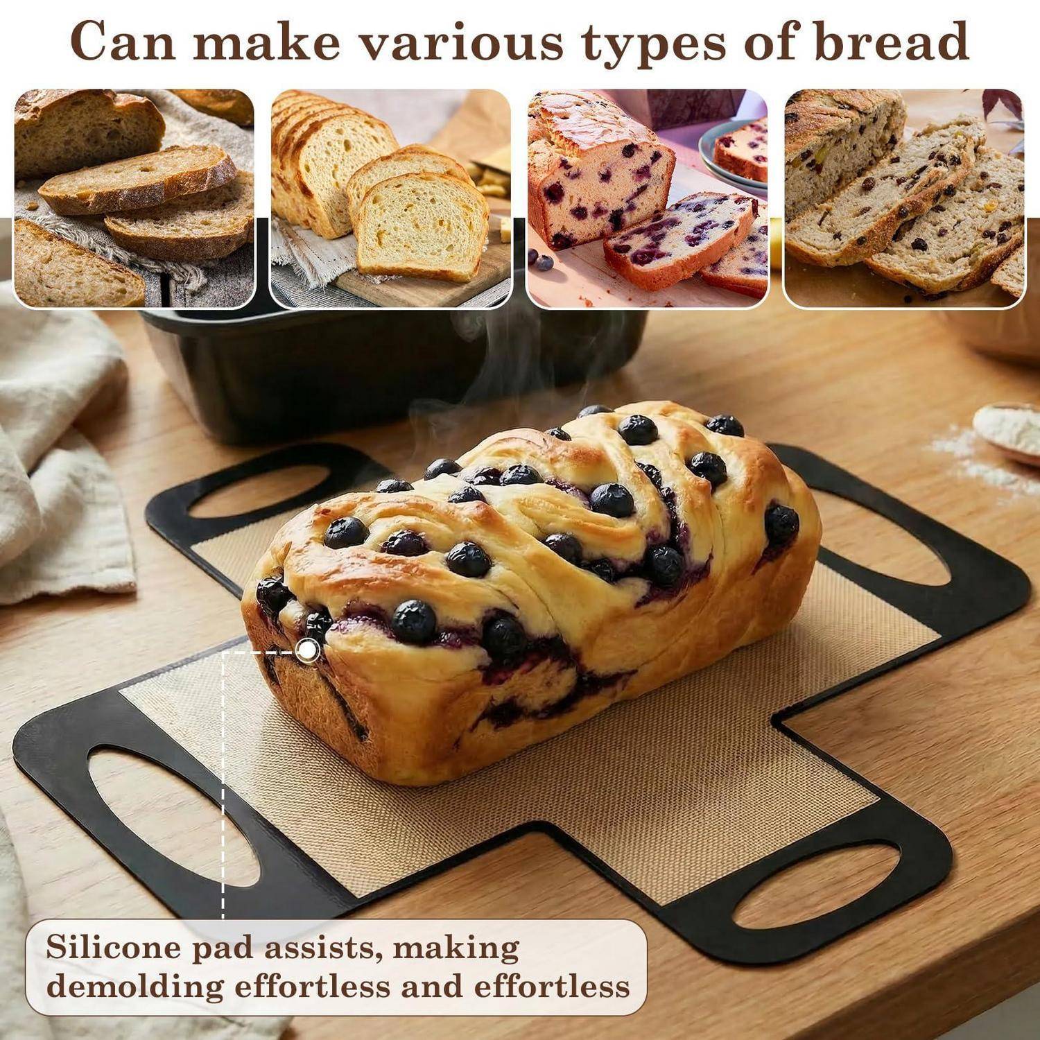 Silikonbackmatte für Brot mit Griffen und Kastenform, zeigt einen Heidelbeerbrot-Laib und Beispiele verschiedener Brote, die damit hergestellt werden können.