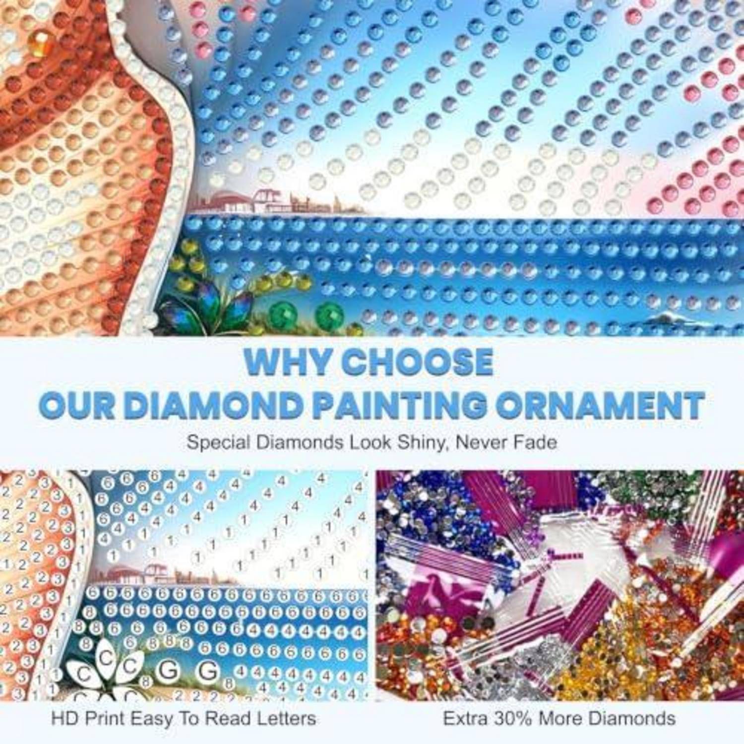 Werbegrafikfür Diamond-Painting-Ornamente mit Nahaufnahmen von farbenfrohen Rhinstein-Designs und Text: „WARUM UNSER DIAMOND-PAINTING-ORNAMENT WÄHLEN