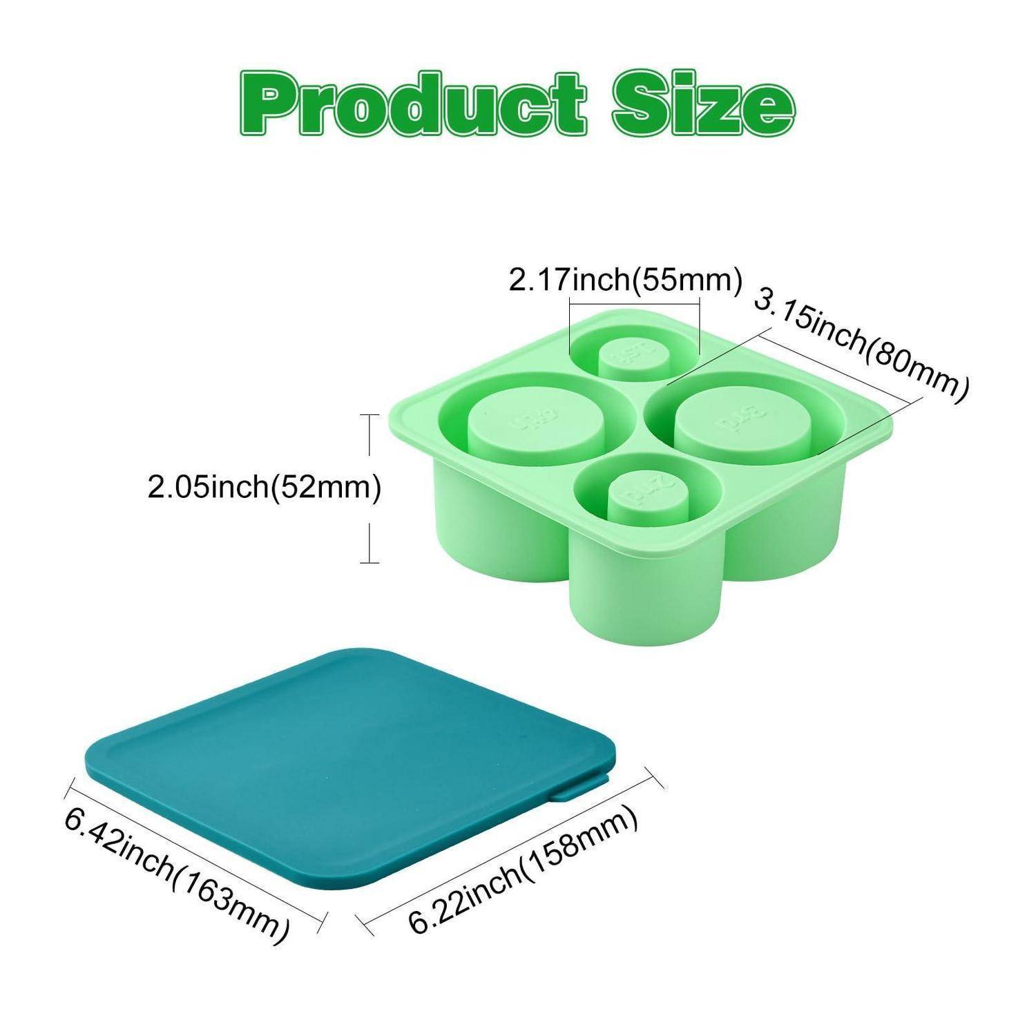 Produktgrößendiagramm mit einer grünen Vier-Kavitäten-Form von 3,15 x 2,17 x 2,05 Zoll und einem blauen Deckel von 6,42 x 6,22 Zoll.