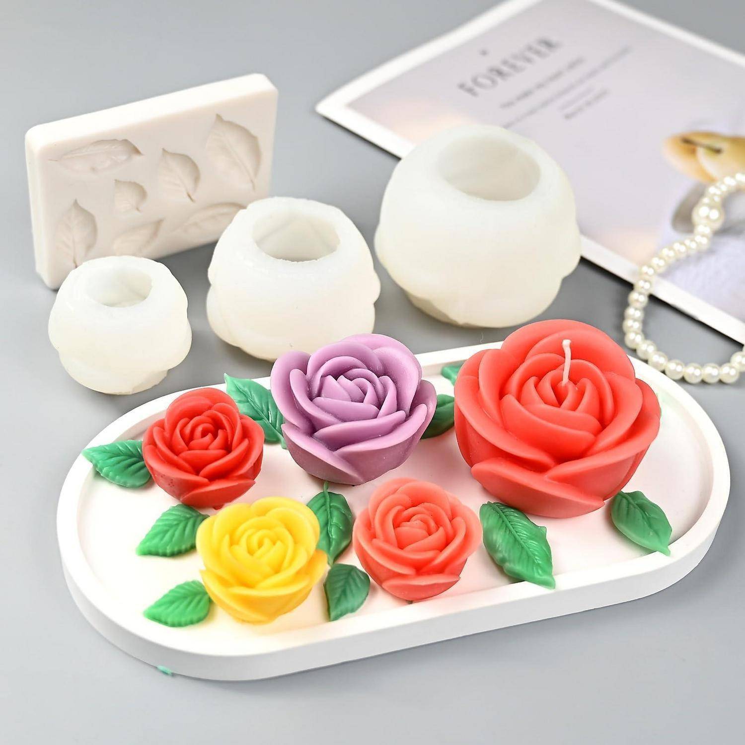 4tlg. Silikonformen Set Rosen & Blätter für Kerzen, Seife, Schokolade