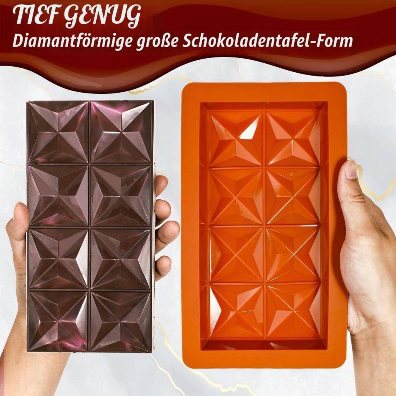 Produktfoto mit einer diamantförmigen Schokoladentafel-Form, die eine fertige dunkle Schokoladentafel auf der linken Seite und eine orangefarbene Silikonform auf der rechten Seite zeigt; der Text lautet „TIEF GENUG Diamantförmige große Schokoladentafel-Form