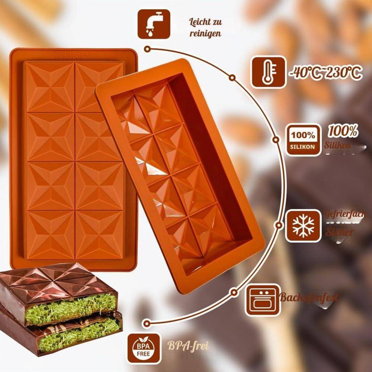 Orange-farbige Silikon-Kastenform mit Symbolen, die angeben: leicht zu reinigen, -40°C bis 230°C, 100% Silikon, gefrier- und ofenfest, BPA-frei; kleines Bild einer Kuchenscheibe.