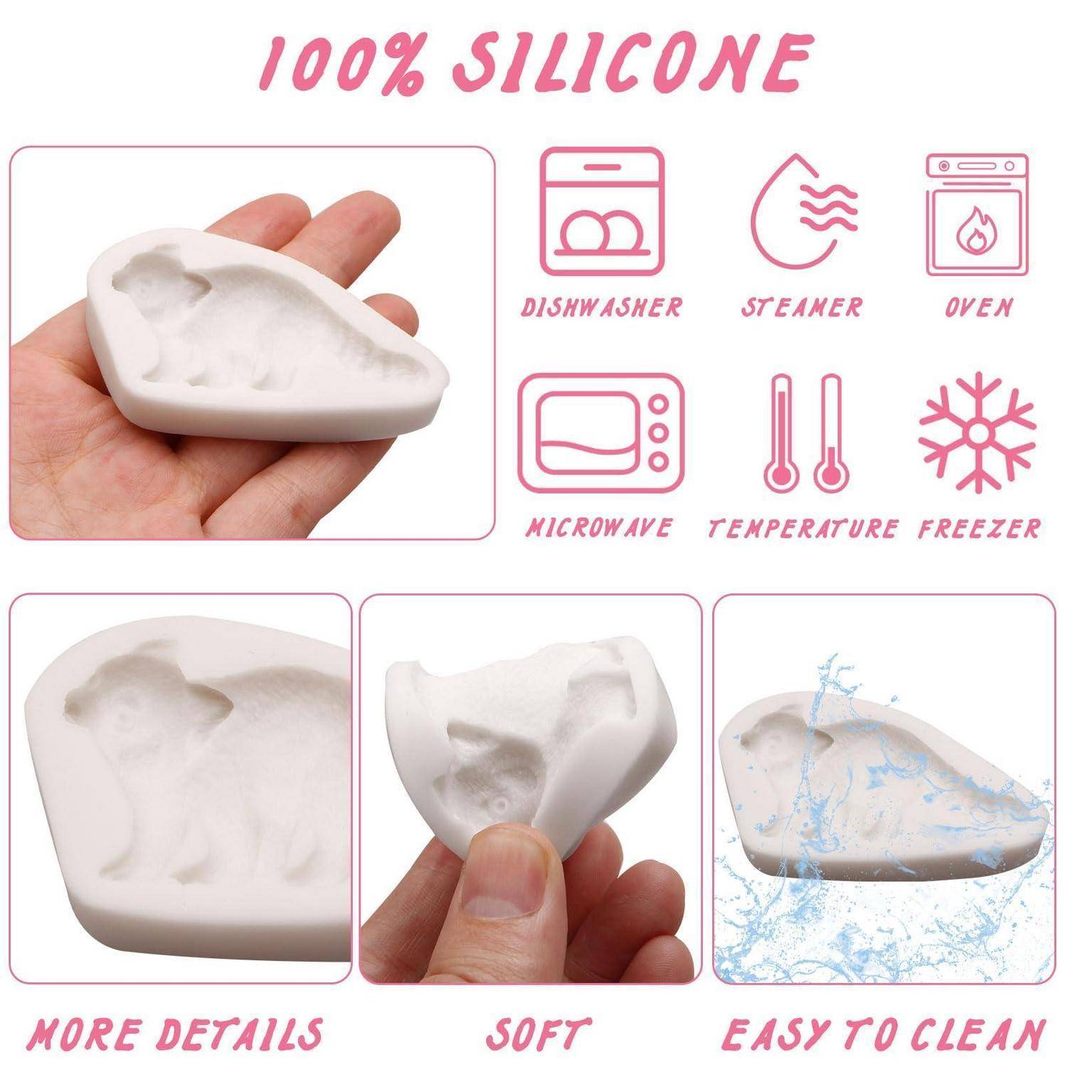 Werbegrafik einer weißen Silikon-Form/Einsatz in einer Hand, beschriftet mit „100% SILIKON