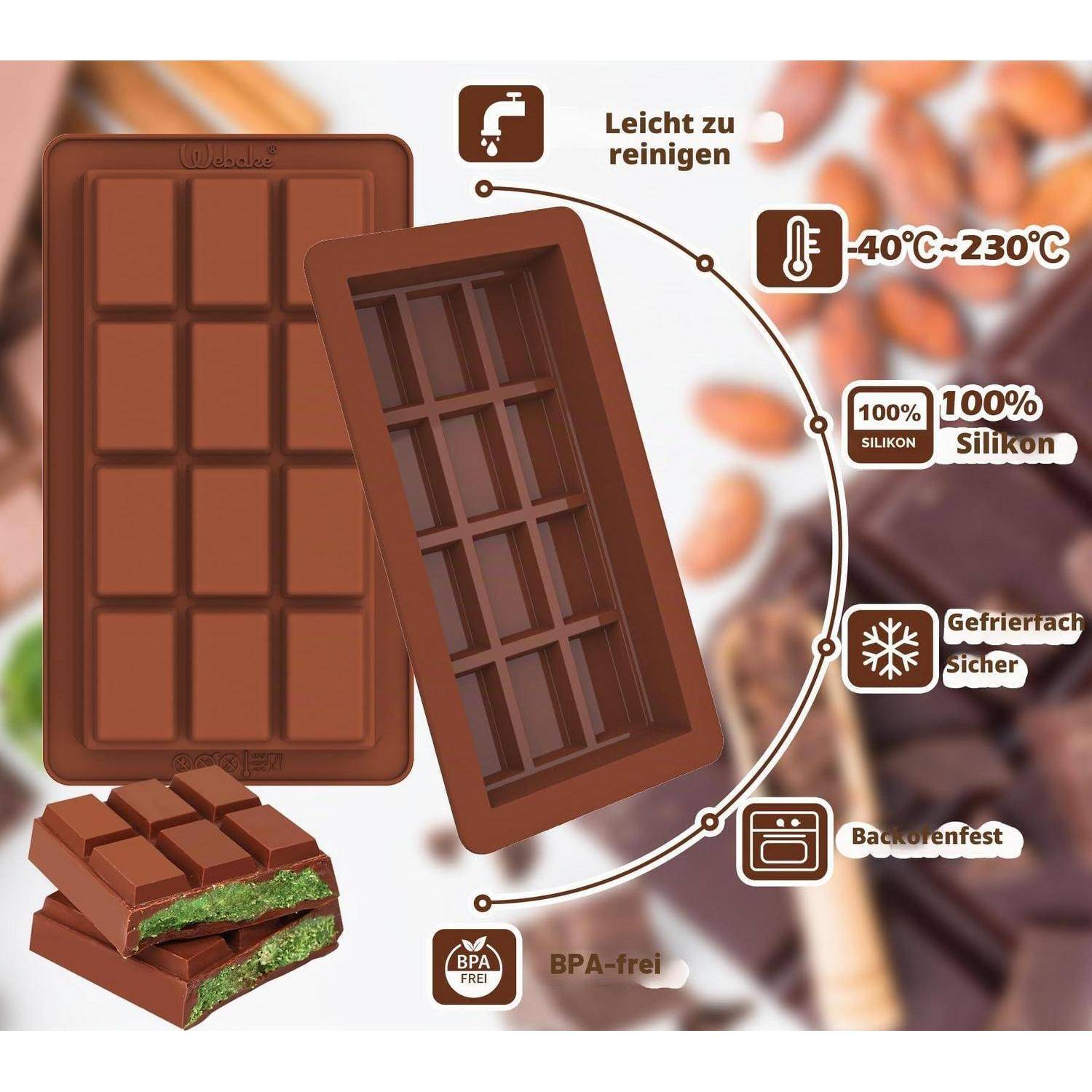 Braune Silikon-Schokoladenform-Tabletts mit einer Schokoladentafel und Füllung, gekennzeichnet als leicht zu reinigen, -40°C bis 230°C, 100% Silikon, gefriergeeignet, ofengeeignet, BPA-frei.