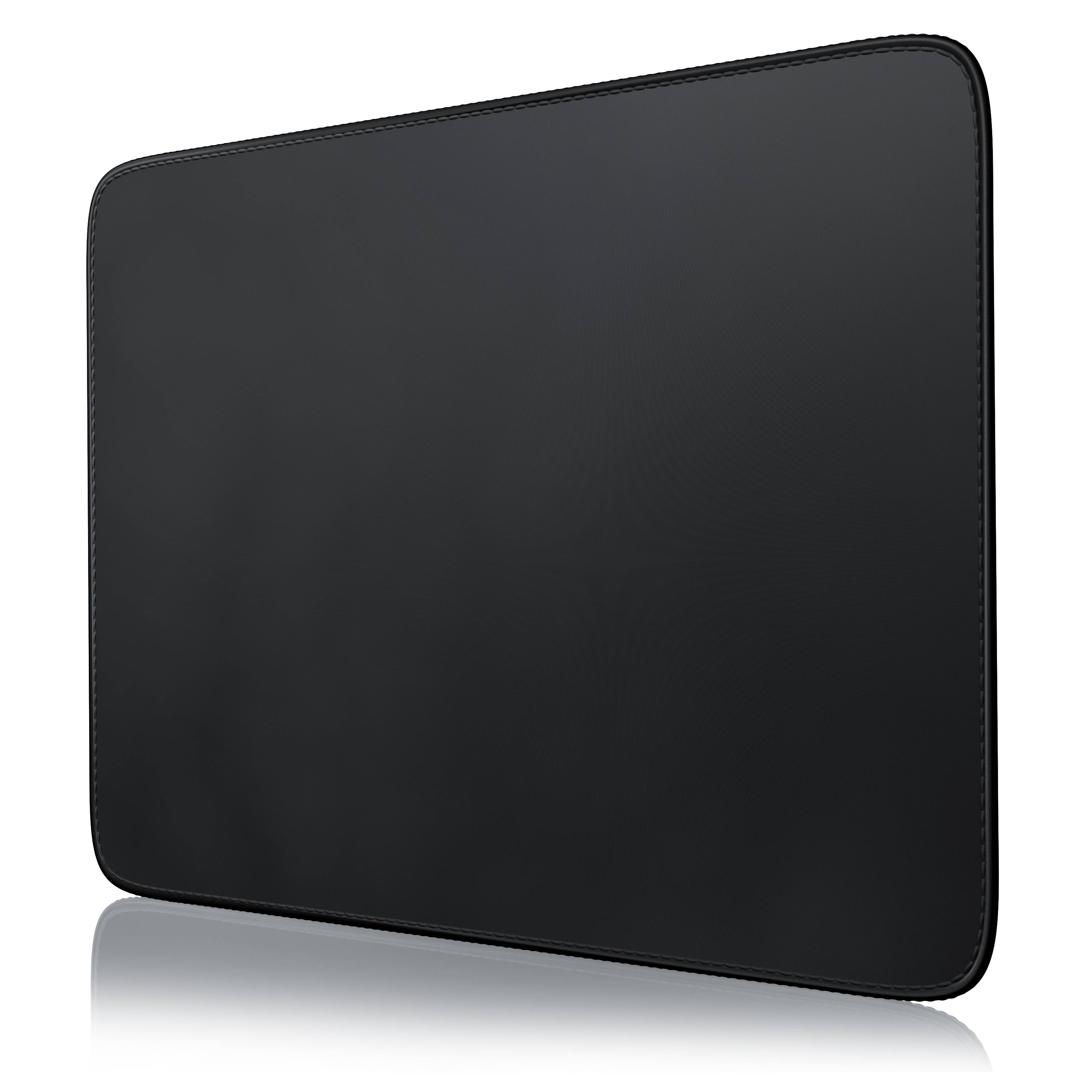 Schwarze rechteckige Laptop-Schutzhülle oder -Tasche mit abgerundeten Ecken, auf weißem Hintergrund mit schwachem Spiegelbild dargestellt.