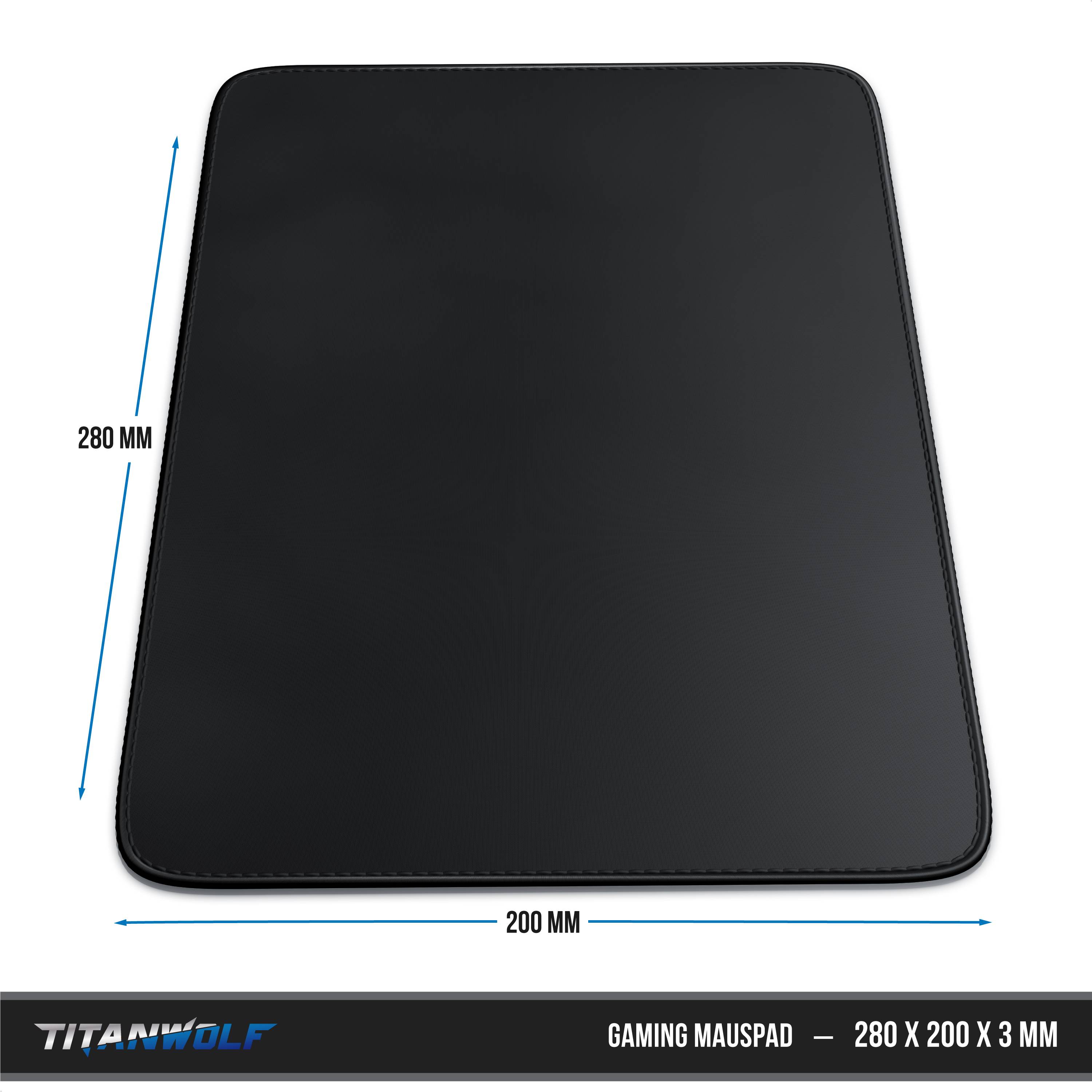 Schwarze Titanwolf Gaming-Mausunterlage, beschriftet mit 280 x 200 x 3 mm, mit Größenpfeilen, die 280 mm Höhe und 200 mm Breite zeigen.