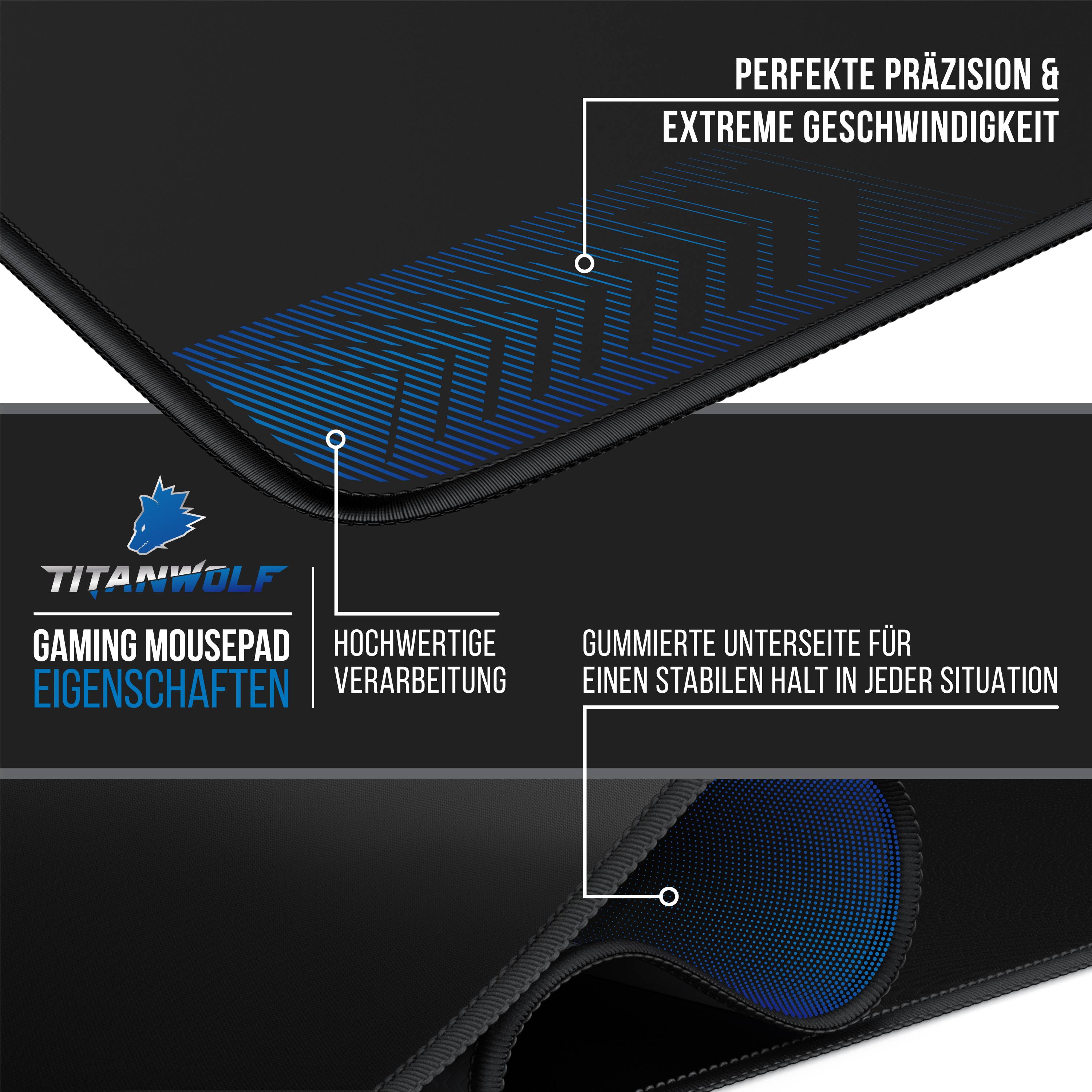 Titanwolf Gaming-Mousepad mit deutschen Beschriftungen, die präzise Kontrolle, Hochgeschwindigkeitsnutzung, hochwertige Oberfläche und eine gummierte rutschfeste Unterseite hervorheben.