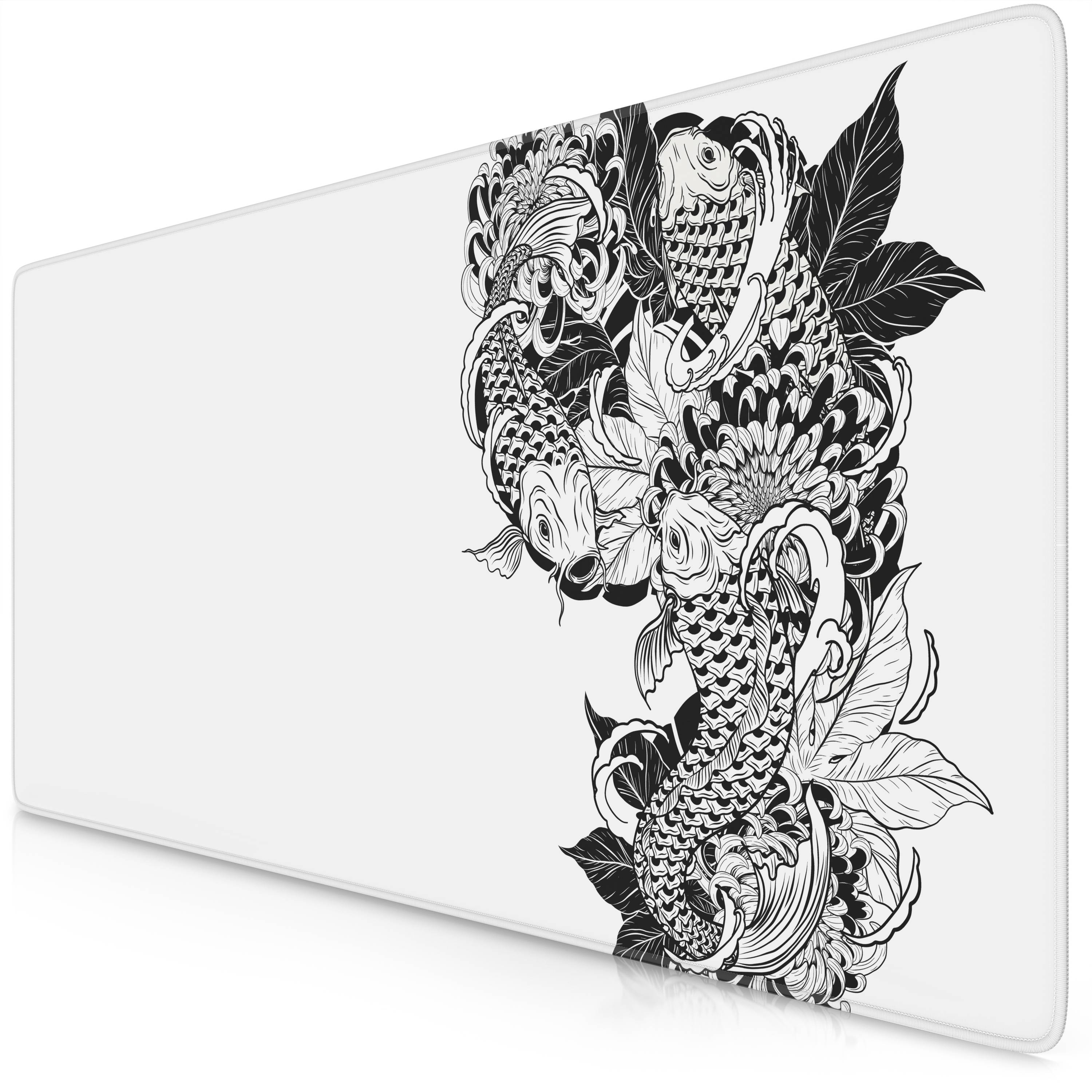 Weißes rechteckiges Wandpaneel mit schwarzen Koi-Fischen und blumigen Tätowierungs-Kunstwerken, die sich auf der rechten Seite konzentrieren.