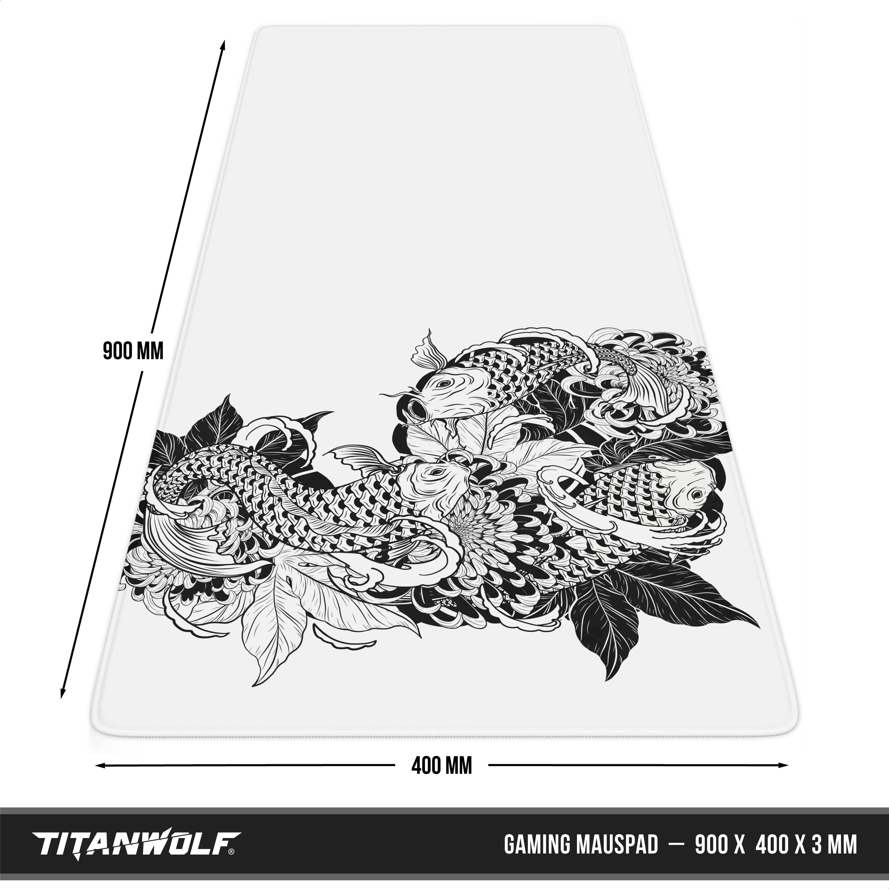 Titanwolf Gaming-Mousepad, 900 x 400 x 3 mm, mit schwarzem Koi-Fisch-Artwork und Größenkennzeichnungen.