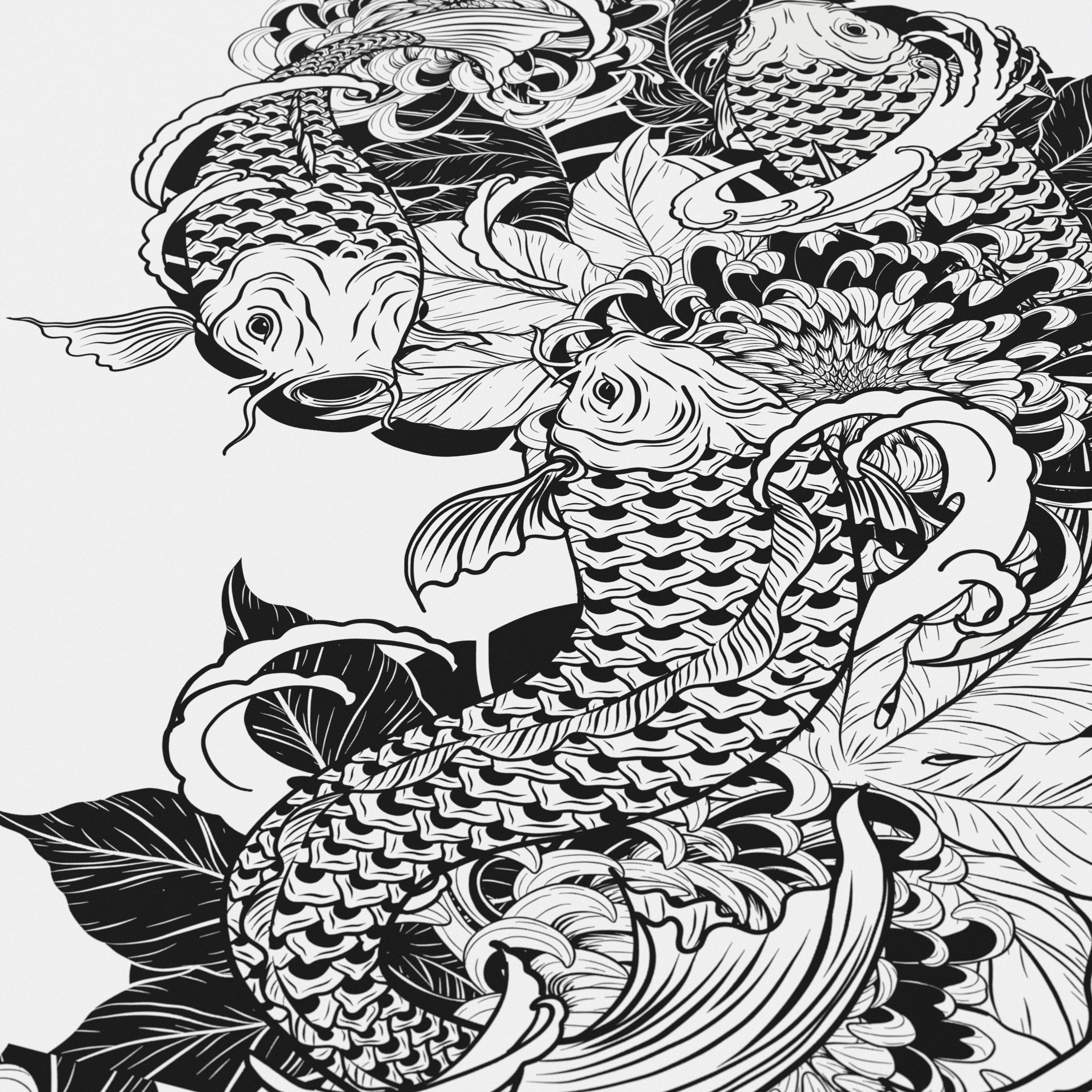 Schwarz-Weiß-Illustration von ornamentalen Koifischen, die mit Blumen und Blättern verflochten sind und ein dichtes dekoratives Muster bilden.