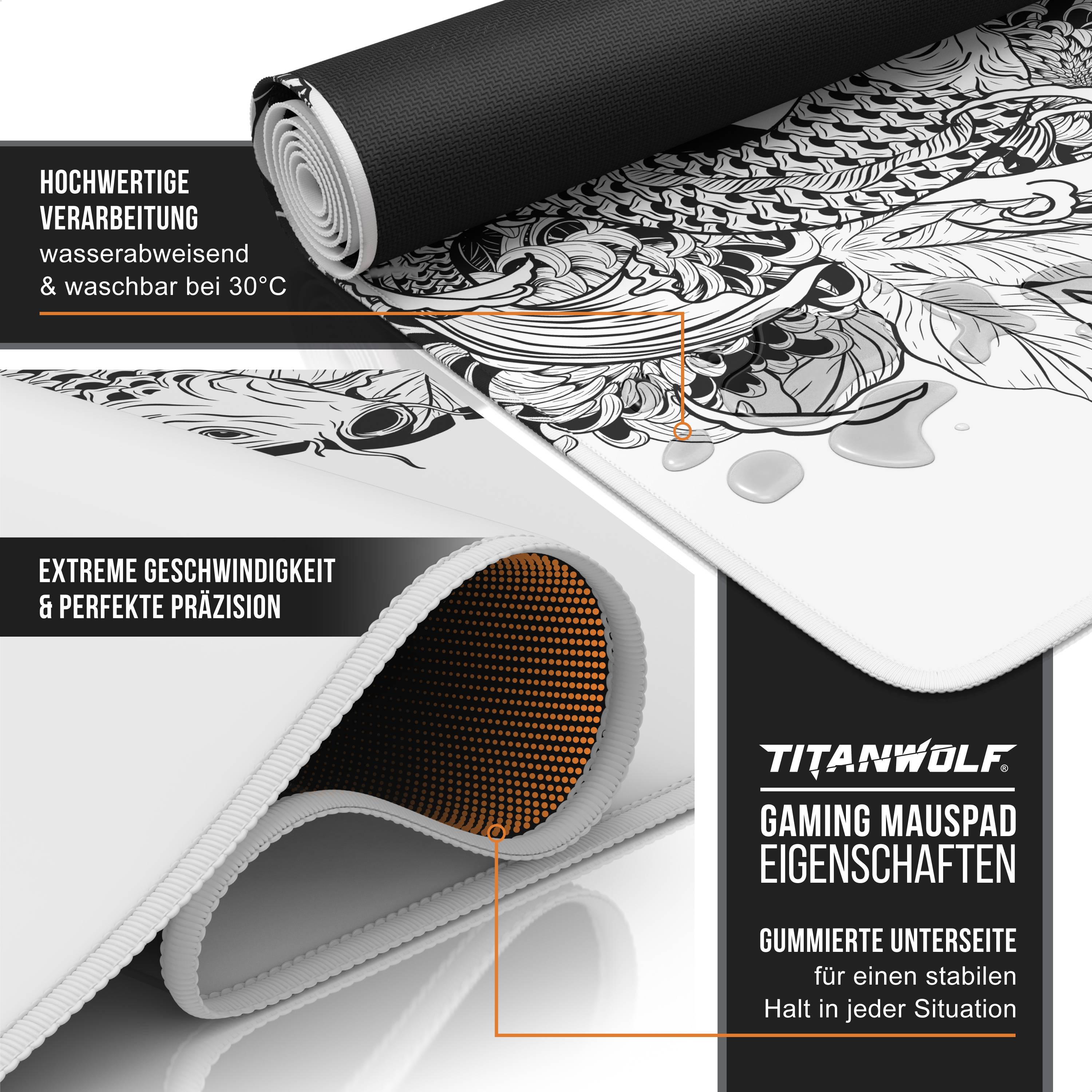 Titanwolf Gaming Mauspad XXL Speed Gaming Mousepad 900x400 mm, Deskpad, rutschfest &amp; abwaschbare Rückseite, für Speed &amp; Präzision, Koi Tattoo 3 Whi