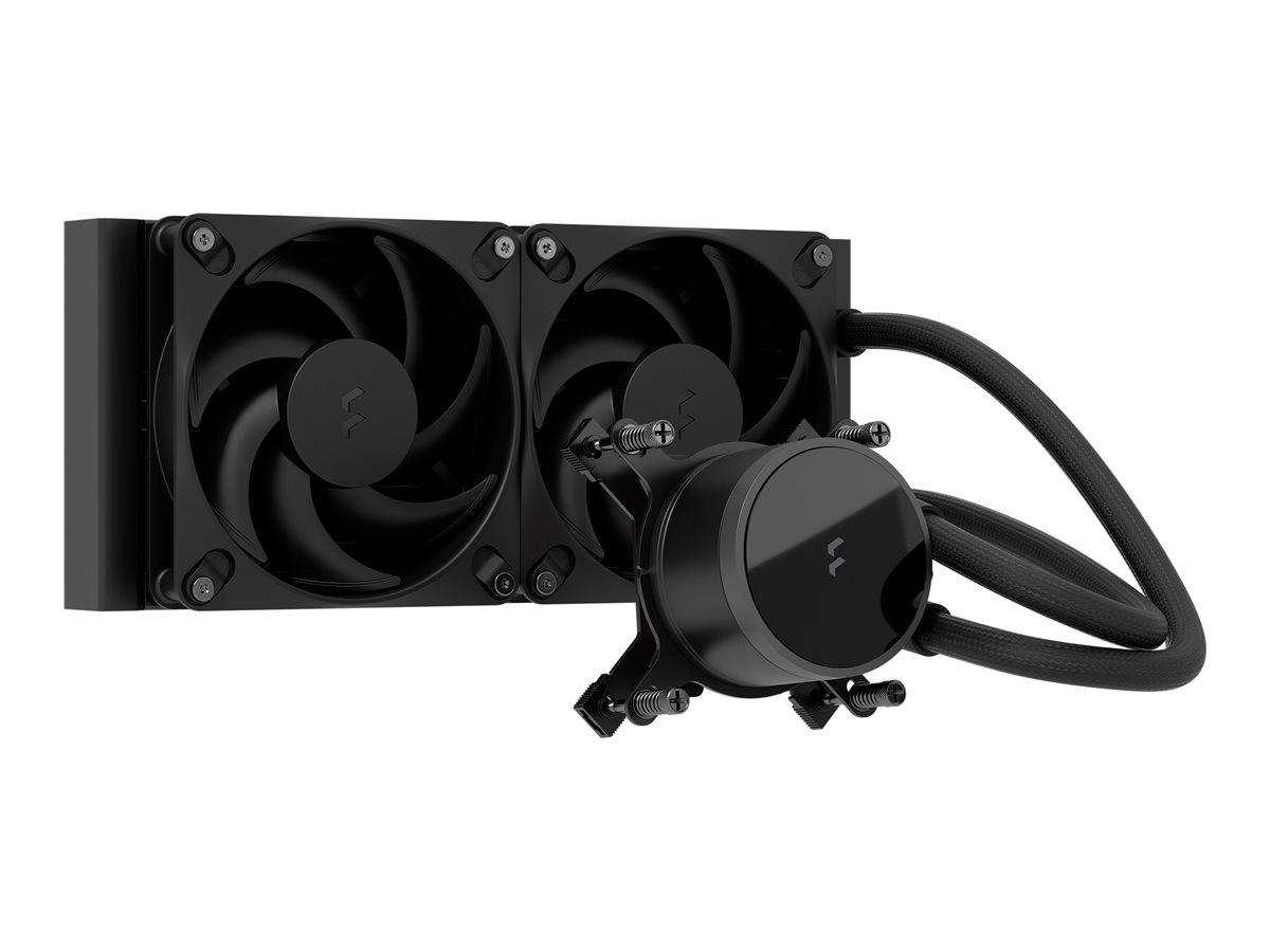 Schwarze Flüssigkeitskühlung für CPU mit zwei 120-mm-Lüftern auf einem Radiator und einem kreisförmigen Pumpenblock, die durch Schläuche verbunden sind.