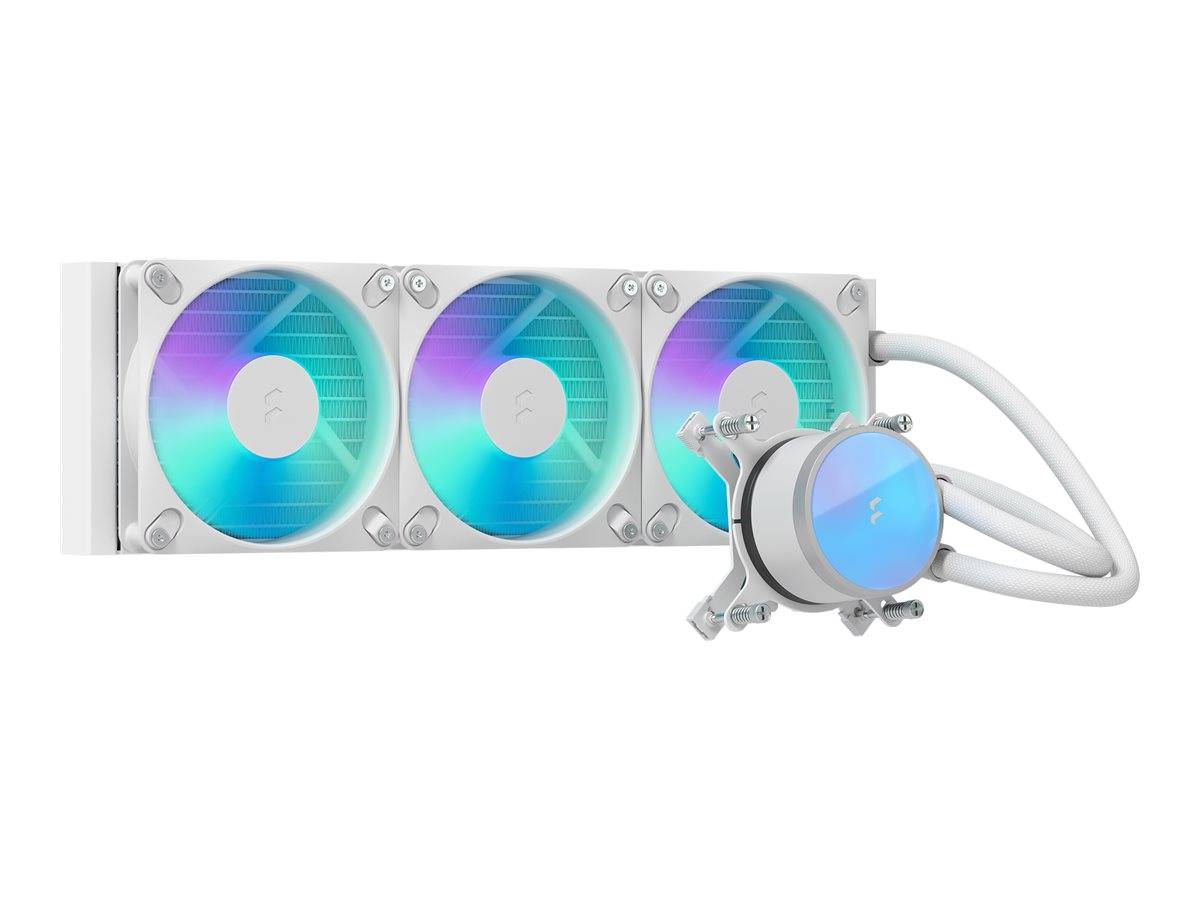 Weiße Flüssigkeitskühlung für die CPU mit drei RGB-beleuchteten Lüftern und einer kreisförmigen Pumpe, die durch zwei weiße Schläuche angebracht ist.