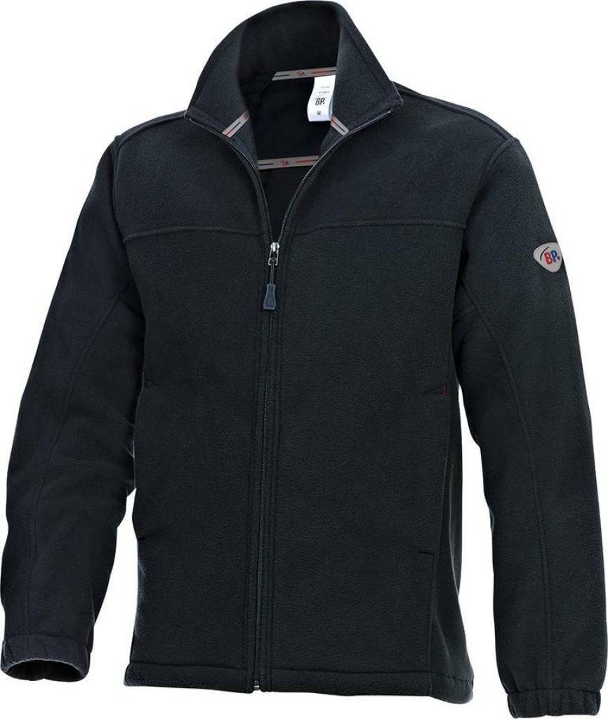 Schwarze Jacke mit Reißverschluss vorne, hohem Kragen und langen Ärmeln, auf weißem Hintergrund gezeigt.