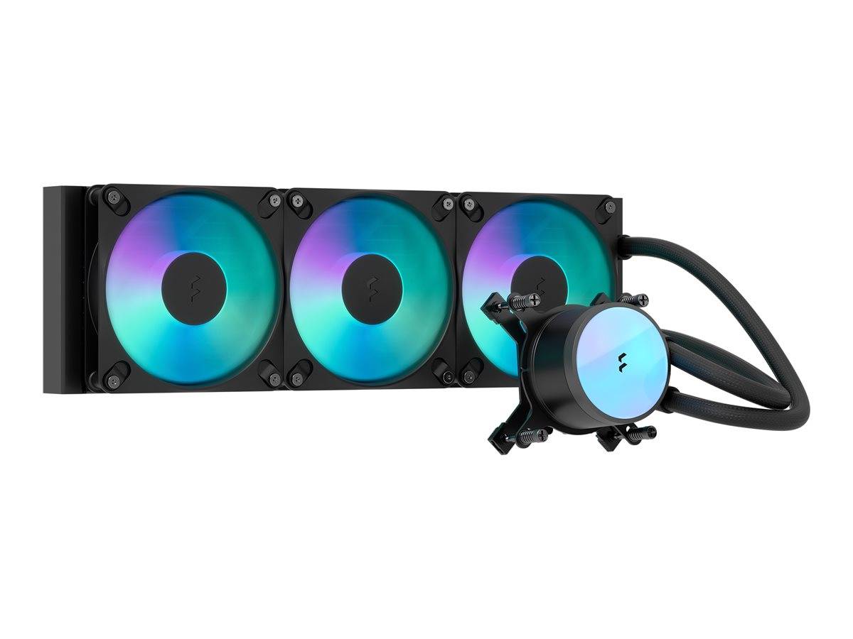 Dreifach-Lüfter-Flüssigkeits-CPU-Kühler mit RGB-beleuchteter Wasserkühler und Pumpenblock, auf weißem Hintergrund abgebildet.
