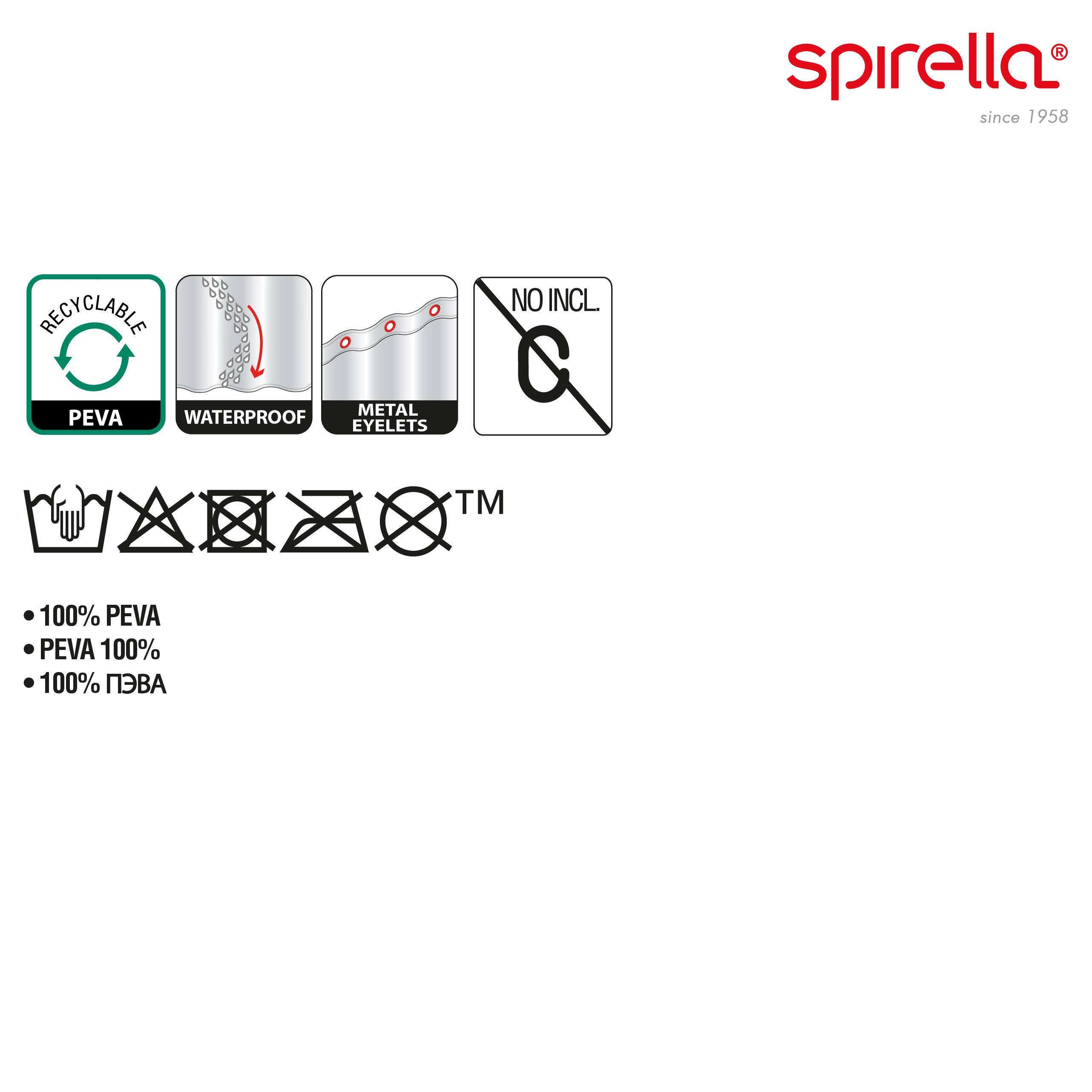 Spirella Produktgrafik mit recycelbarem PEVA, wasserdichtem Material, Metallösen, keinem im Lieferumfang enthaltenen Haken und Pflegesymbolen mit Text: '100% PEVA', 'PEVA 100%', '100% вп3BA'.