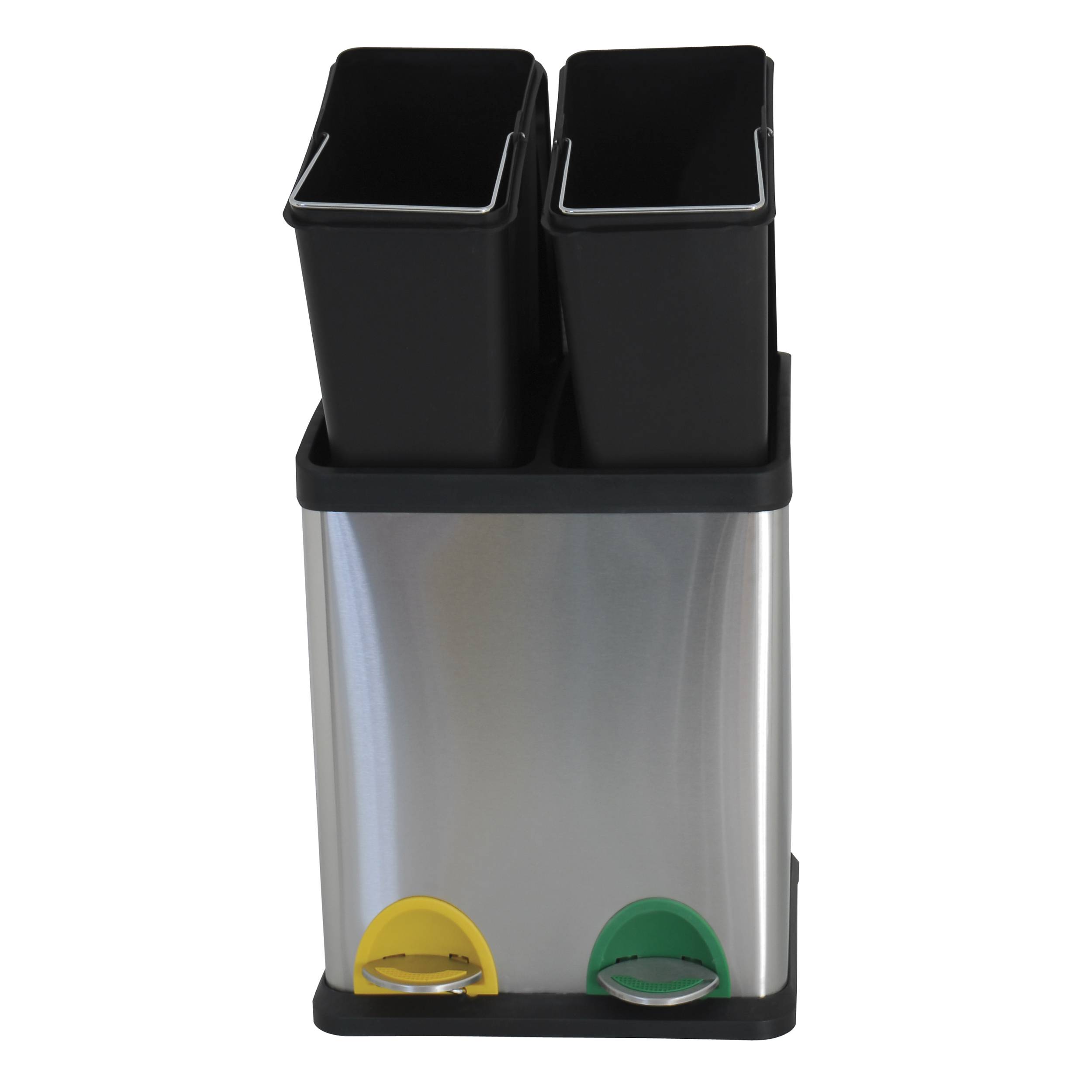 Edelstahlbehälter mit zwei Fächern für Müll und Recycling, zwei schwarze Deckel und gelbe und grüne Fußpedale.