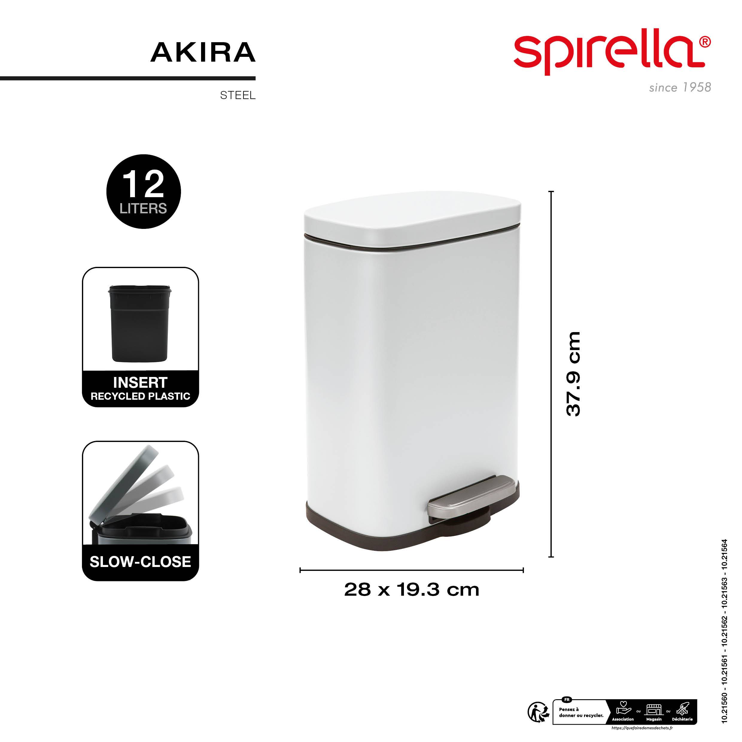 Spirella Akira Stahlabfalleimer mit Pedal, 12 Liter, weiß mit Soft-Close-Deckel und Recycling-Kunststoffeinsatz, Abmessungen 28 x 19,3 x 37,9 cm.