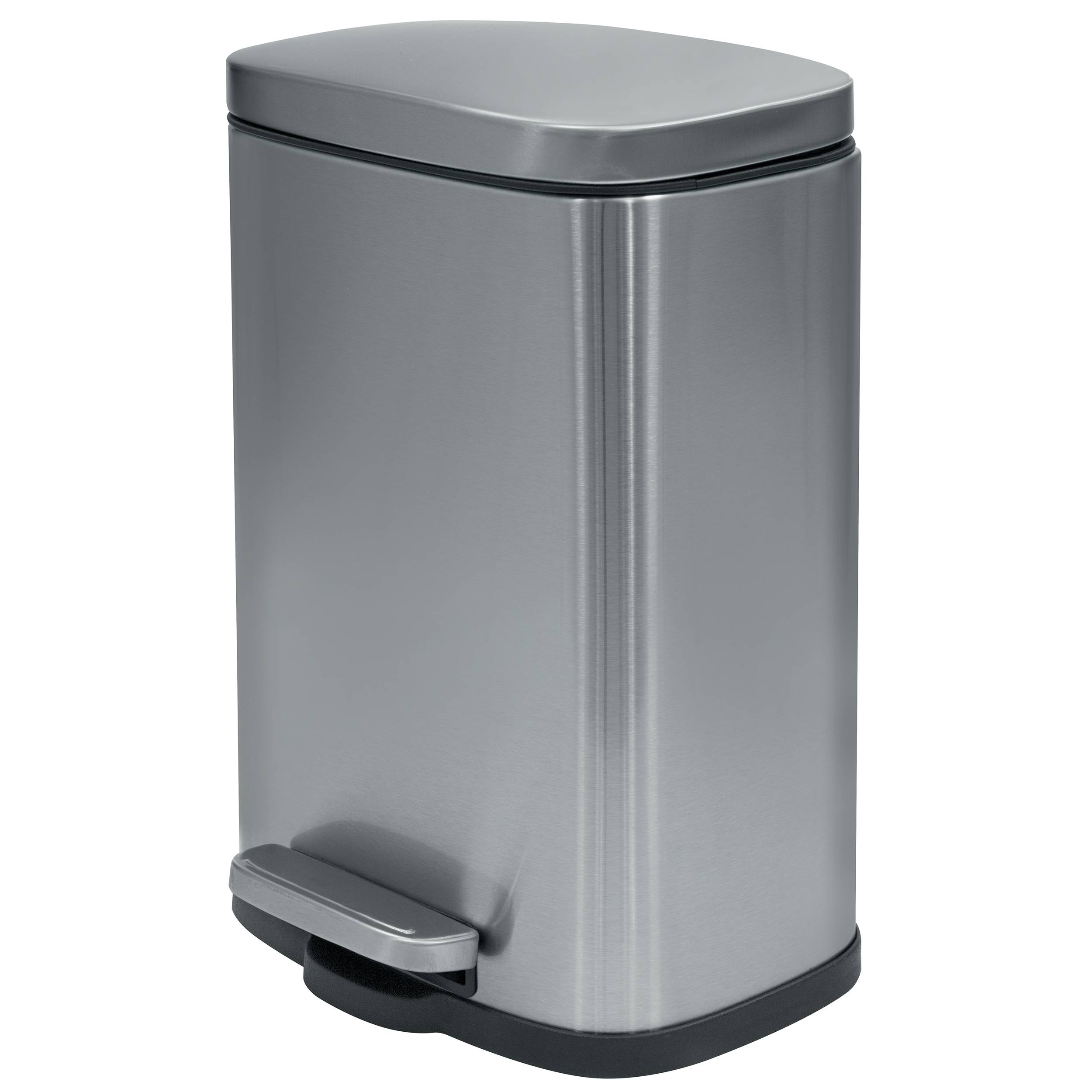 Edelstahl-Rechteck-Trittmülleimer mit Fußpedal und geschlossenem Deckel auf weißem Hintergrund.