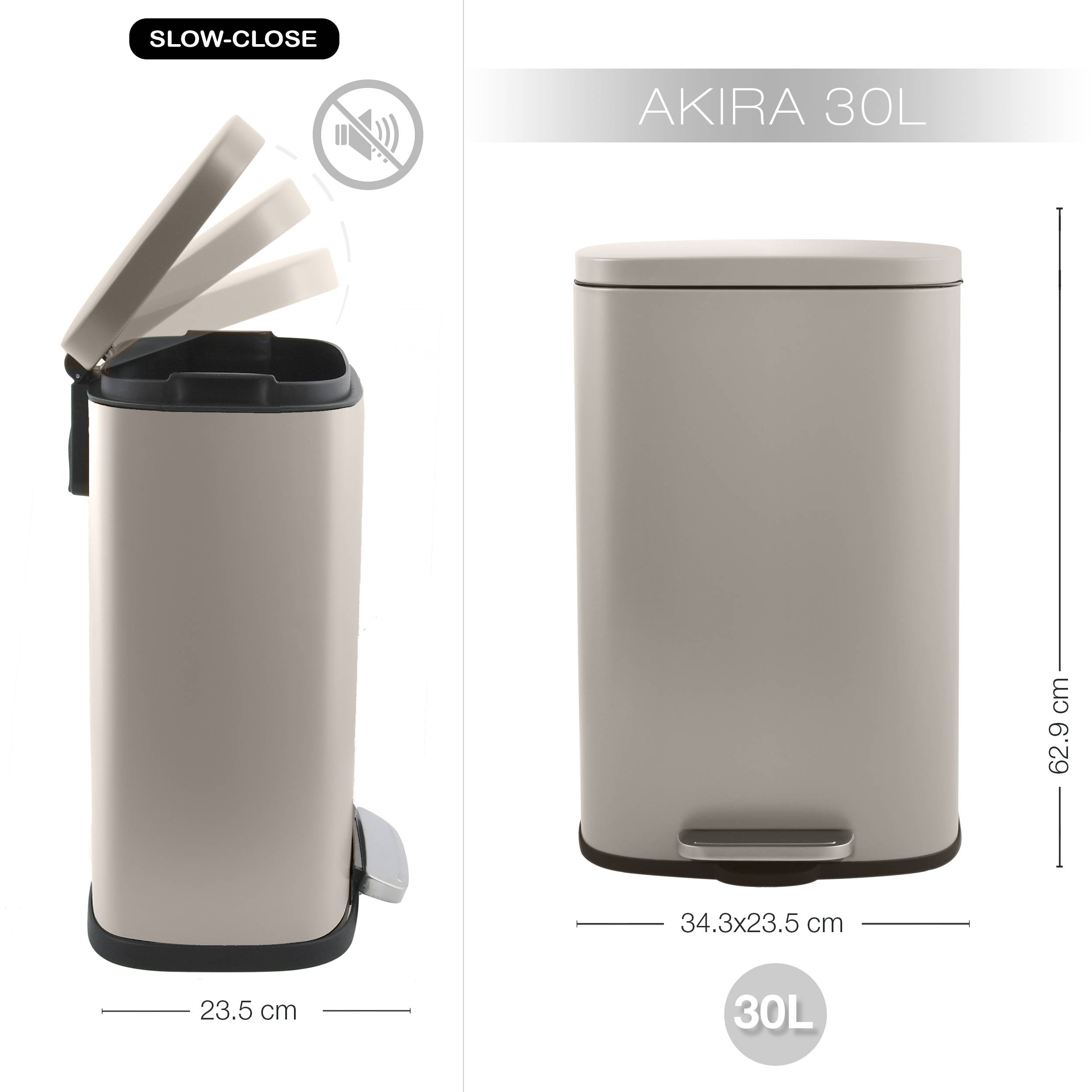 Produktbild einer beigen 30-Liter-Rechteckabfallbehälter mit Soft-Close-Deckel und Fußpedal, gezeigt offen und geschlossen mit Abmessungen von 62,9 cm Höhe und 34,3 x 23,5 cm Breite.