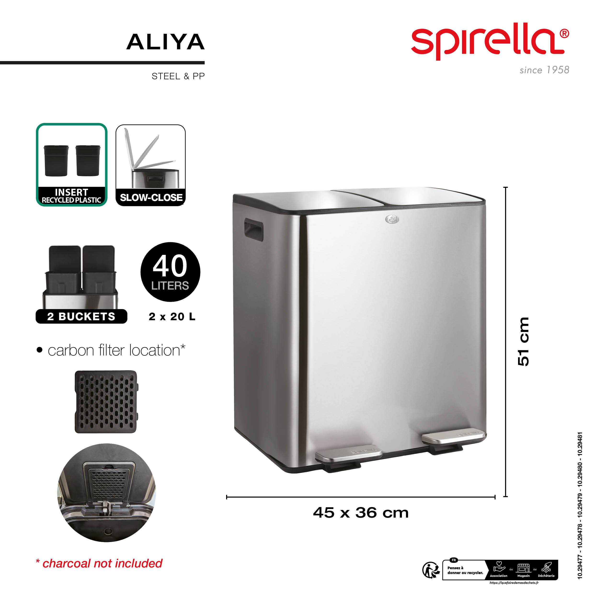 Produktbild eines Edelstahl-Abfallbehälters mit zwei Fächern und Fußpedalen, gekennzeichnet mit „ALIYA" und „SPLRELLA"", mit 40-Liter-Kapazität, langsam schließenden Deckeln und den Abmessungen 45 x 36 cm x 51 cm.