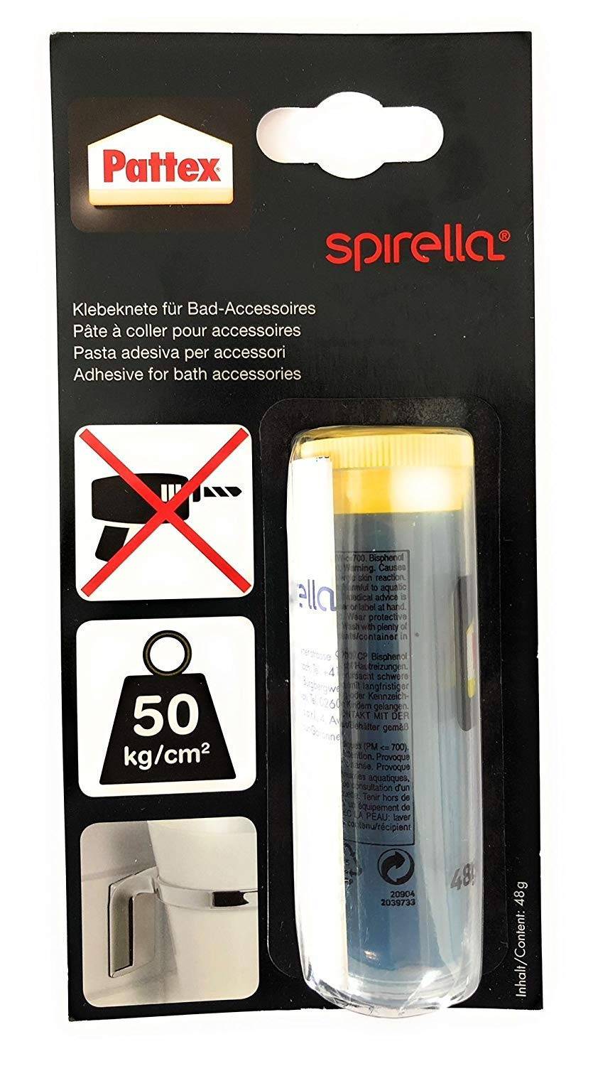 Pattex Spirella Kleber für Badezubehör in einer Blisterpackung, mit einer Kennzeichnung von 50 kg/cm² und einer Warnung zur bohrfreien Montage.
