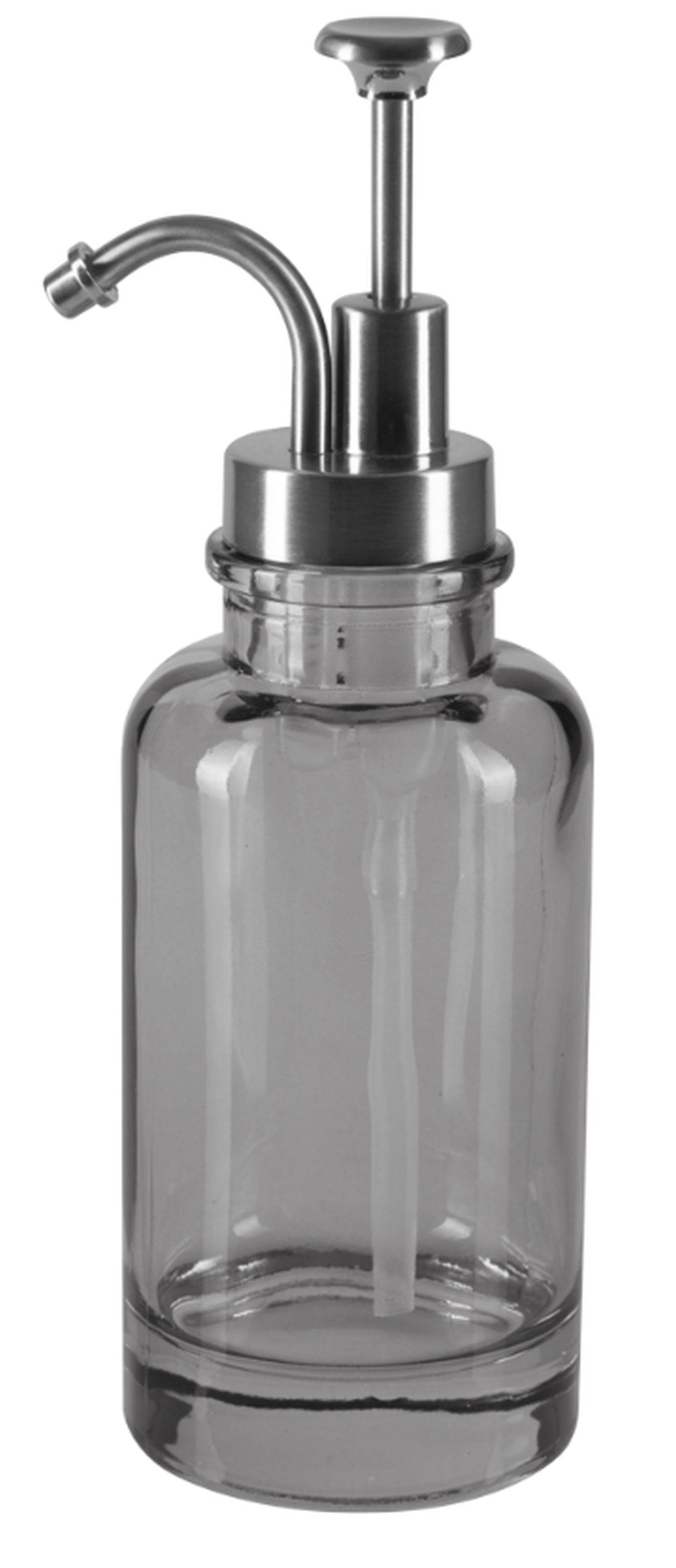 Edelstahlpumpenspender auf einer klaren Glasflasche, vor weißem Hintergrund abgebildet.