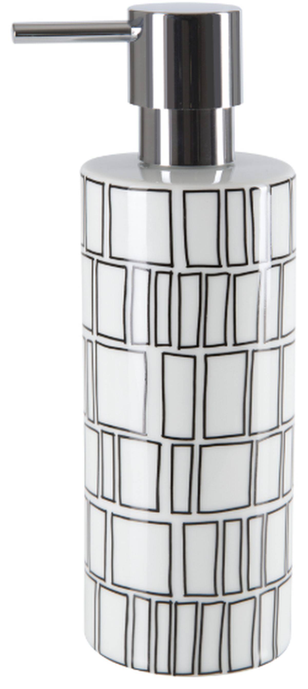 Weißer zylindrischer Seifenspender mit verchromter Pumpe und schwarzem geometrischem Fliesenmuster auf der Flasche.