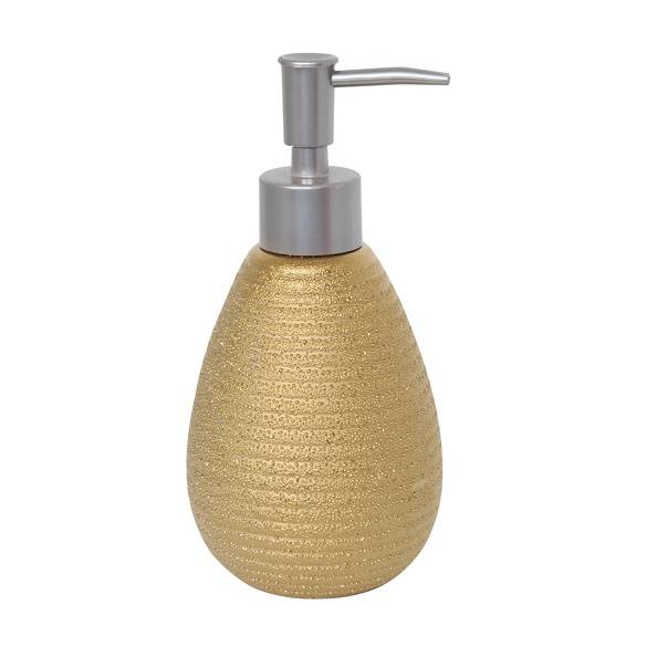 Seifenspender mit goldener Textur und silberner Pumpe auf weißem Hintergrund.