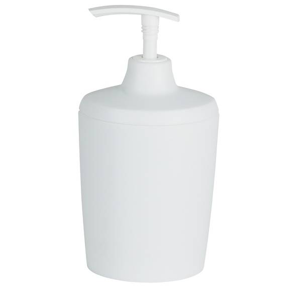 Weiße Seifenspenderflasche mit Pumpverschluss auf einfachem weißem Hintergrund.