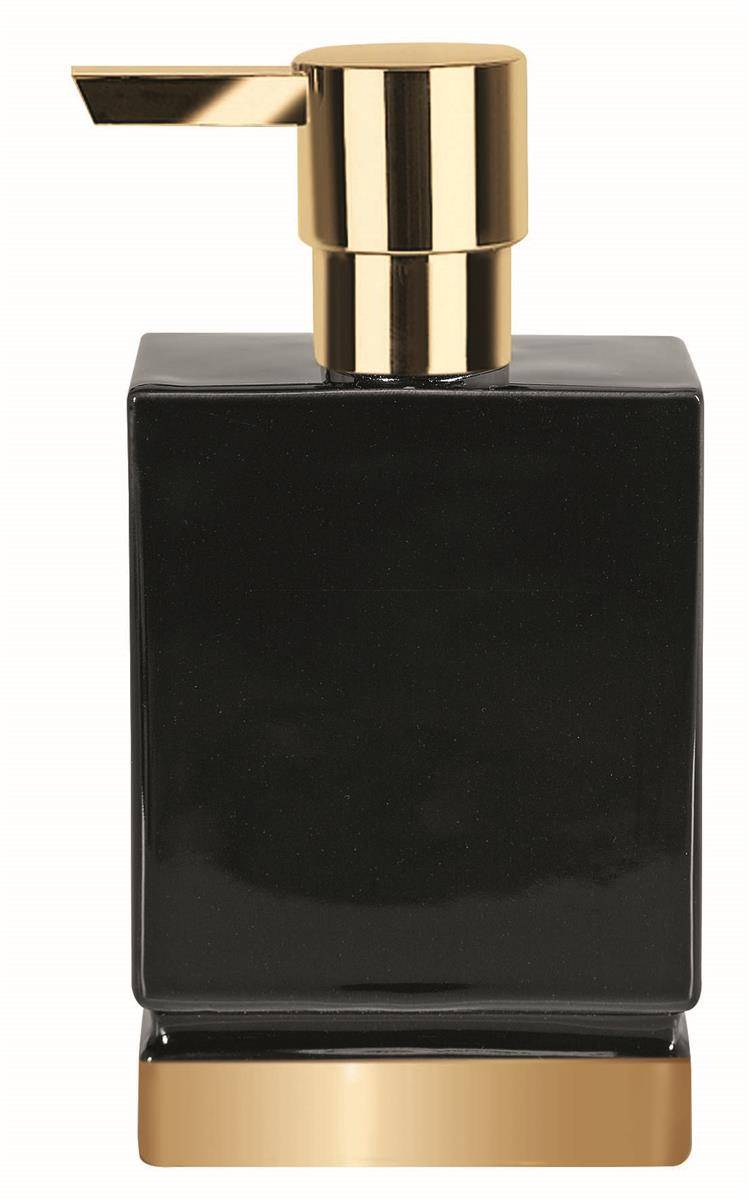 Schwarzer rechteckiger Seifenspender mit goldener Pumpe und Sockel auf weißem Hintergrund.