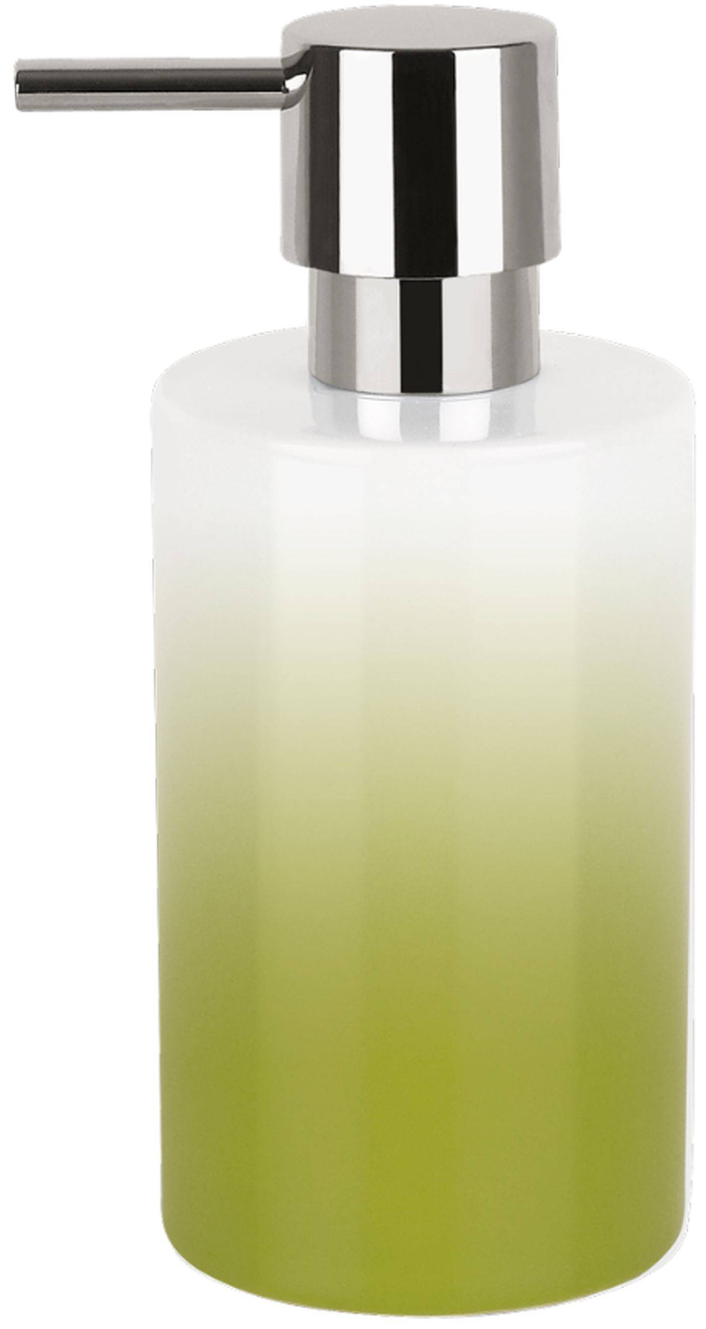 Klare Pumpspendenderflasche mit grüner Flüssigkeit und verchromter Pumpendüse auf weißem Hintergrund.