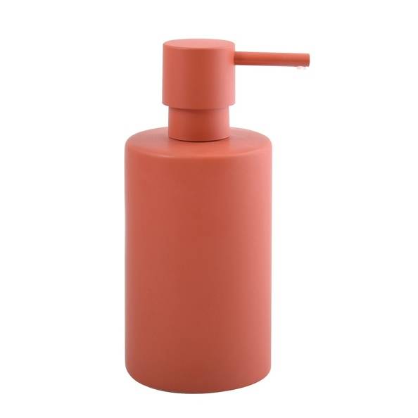 Korallenseifenspender mit zylindrischer Flasche und horizontaler Pumpe, freigestellt auf weißem Hintergrund.